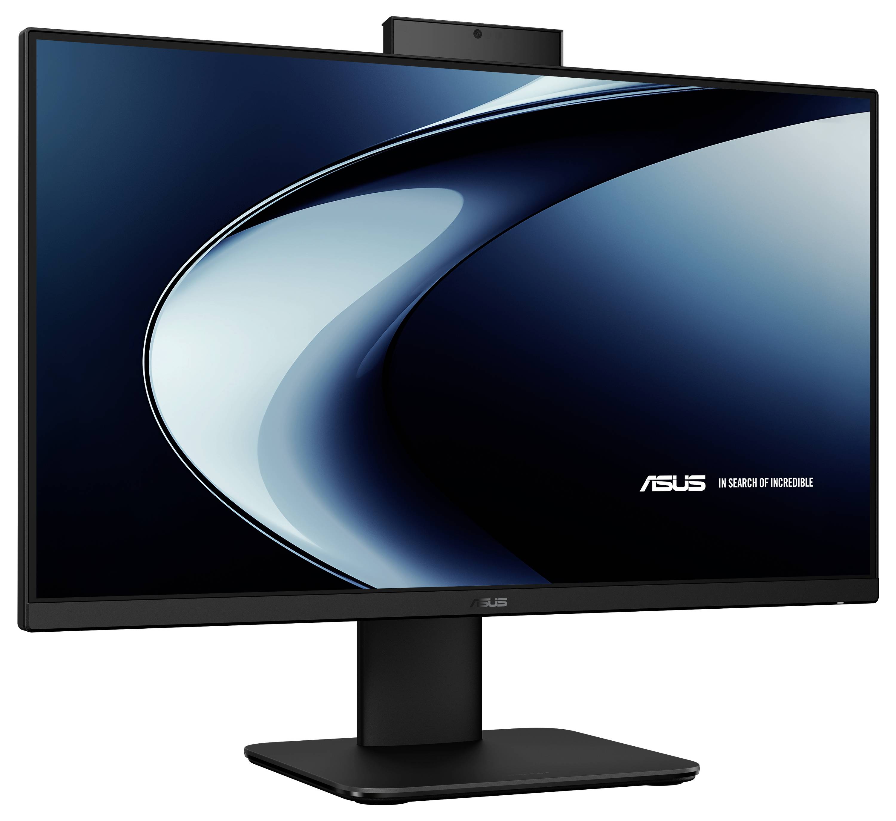 Ein schlankes ASUS-Monitor mit integrierter Kamera an der Oberseite, der das ASUS-Logo auf einem dunklen Bildschirm zeigt und modernes Design und Technologie andeutet.