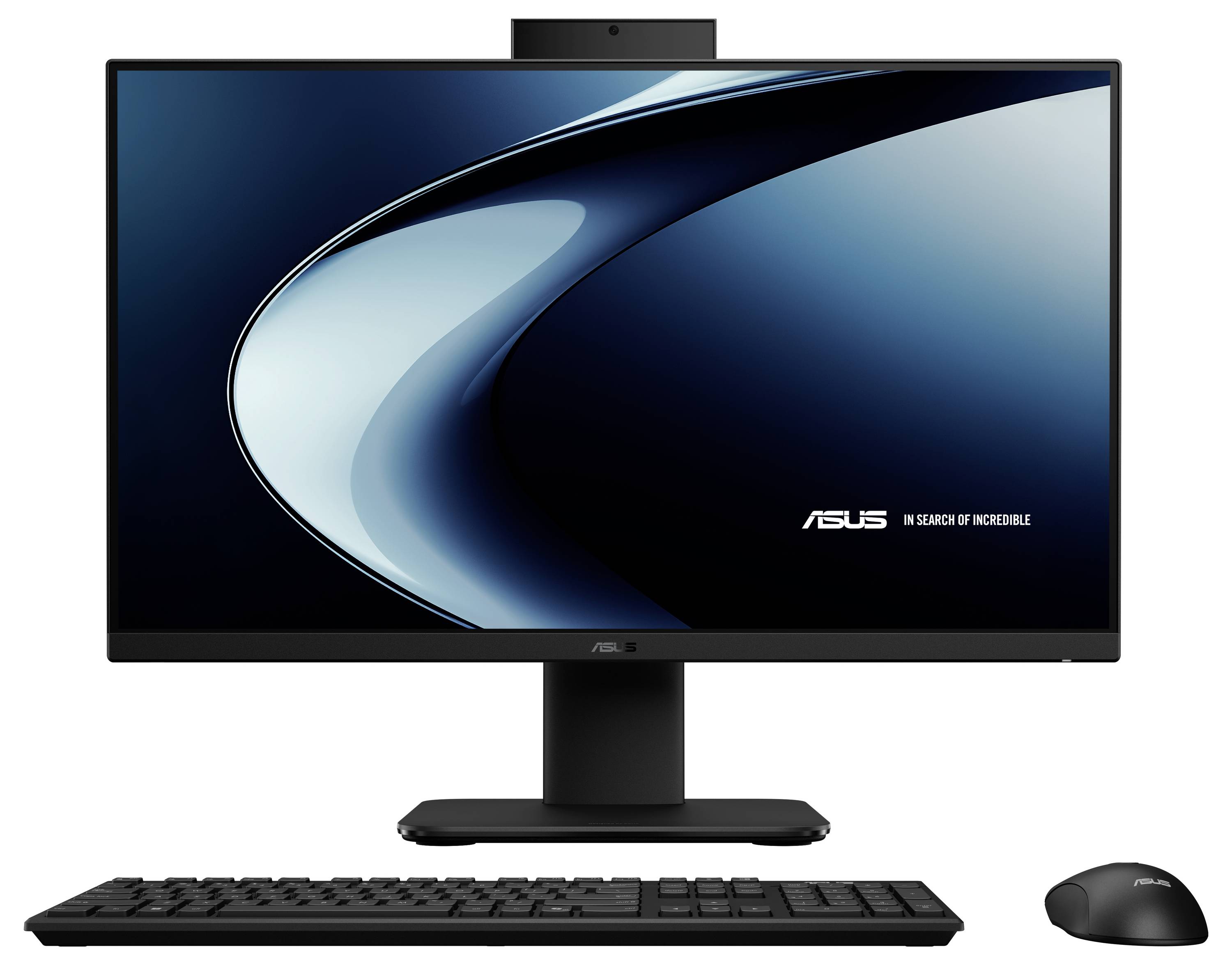 Ein schlanker Desktop-Computer mit einem Monitor, der das Asus-Logo und den Slogan „Auf der Suche nach dem Unglaublichen