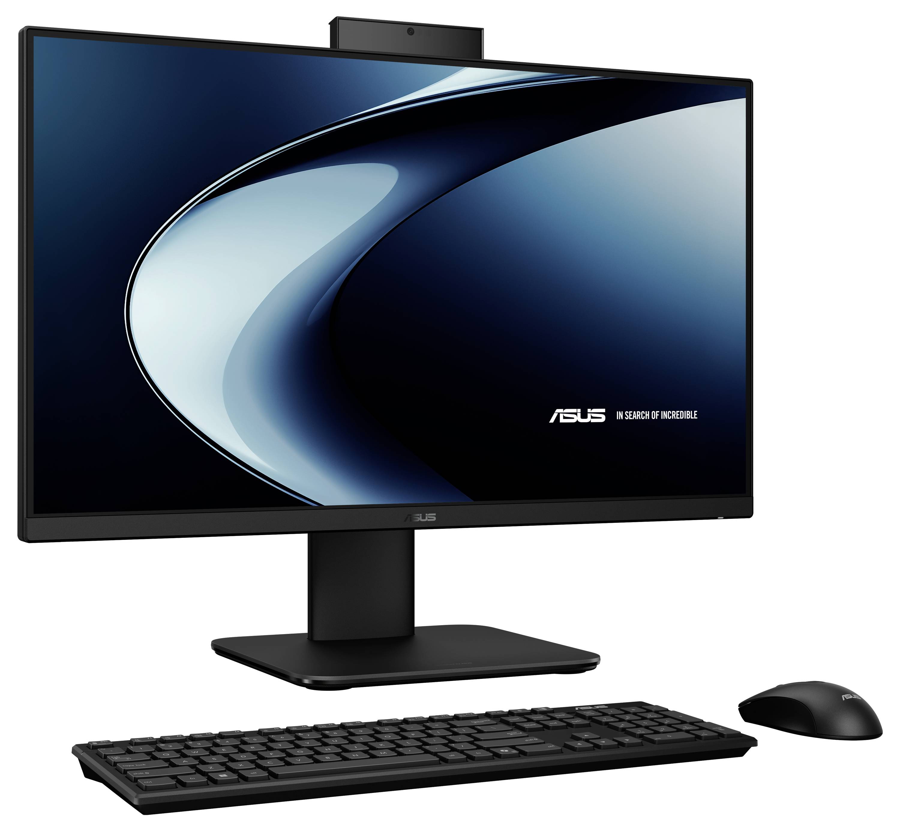 Eine elegante All-in-One-Desktop-Computer-Konfiguration mit einem großen Monitor, Tastatur und Maus. Der Bildschirm zeigt das Logo „ASUS auf der Suche nach Unglaublichem
