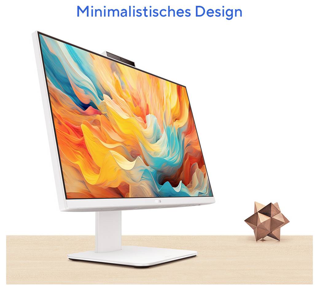 Ein Computermonitor mit bunter abstrakter Kunst auf dem Bildschirm steht auf einem Holzschreibtisch neben einer geometrischen Metallskulptur. Text darüber liest sich 'Minimalistisches Design'.