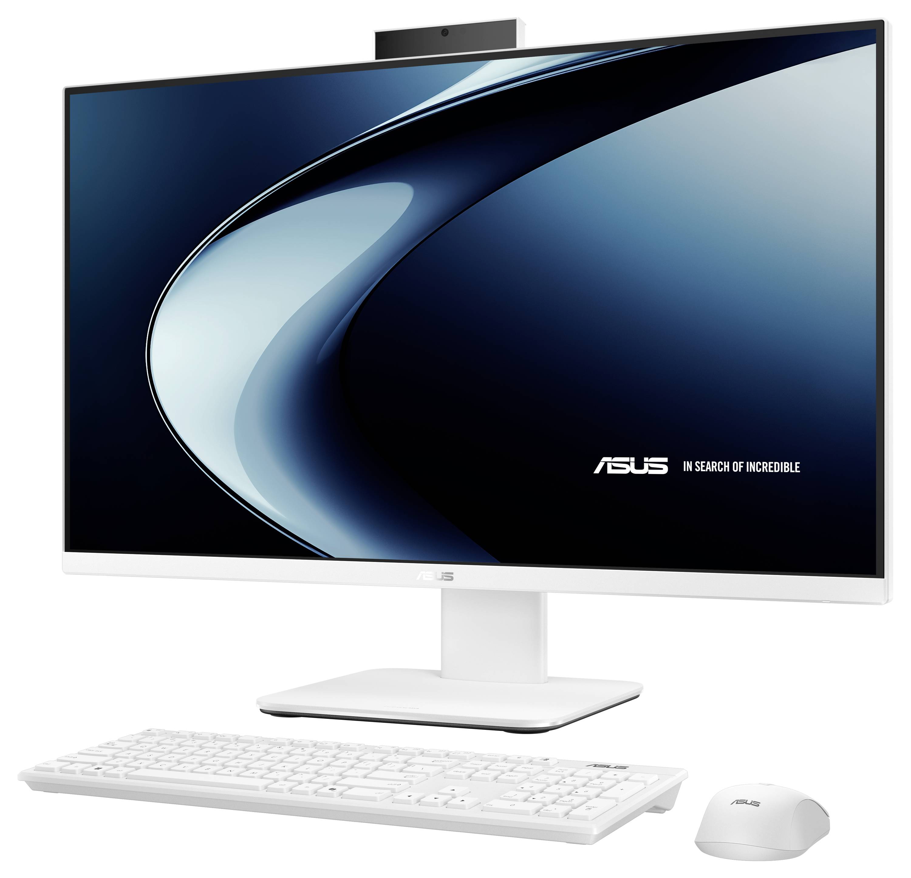 Eine elegante, weiße ASUS Desktop-Computereinrichtung mit einem Flachbildschirm, einer drahtlosen Tastatur und einer Maus vor einem schlichten Hintergrund.