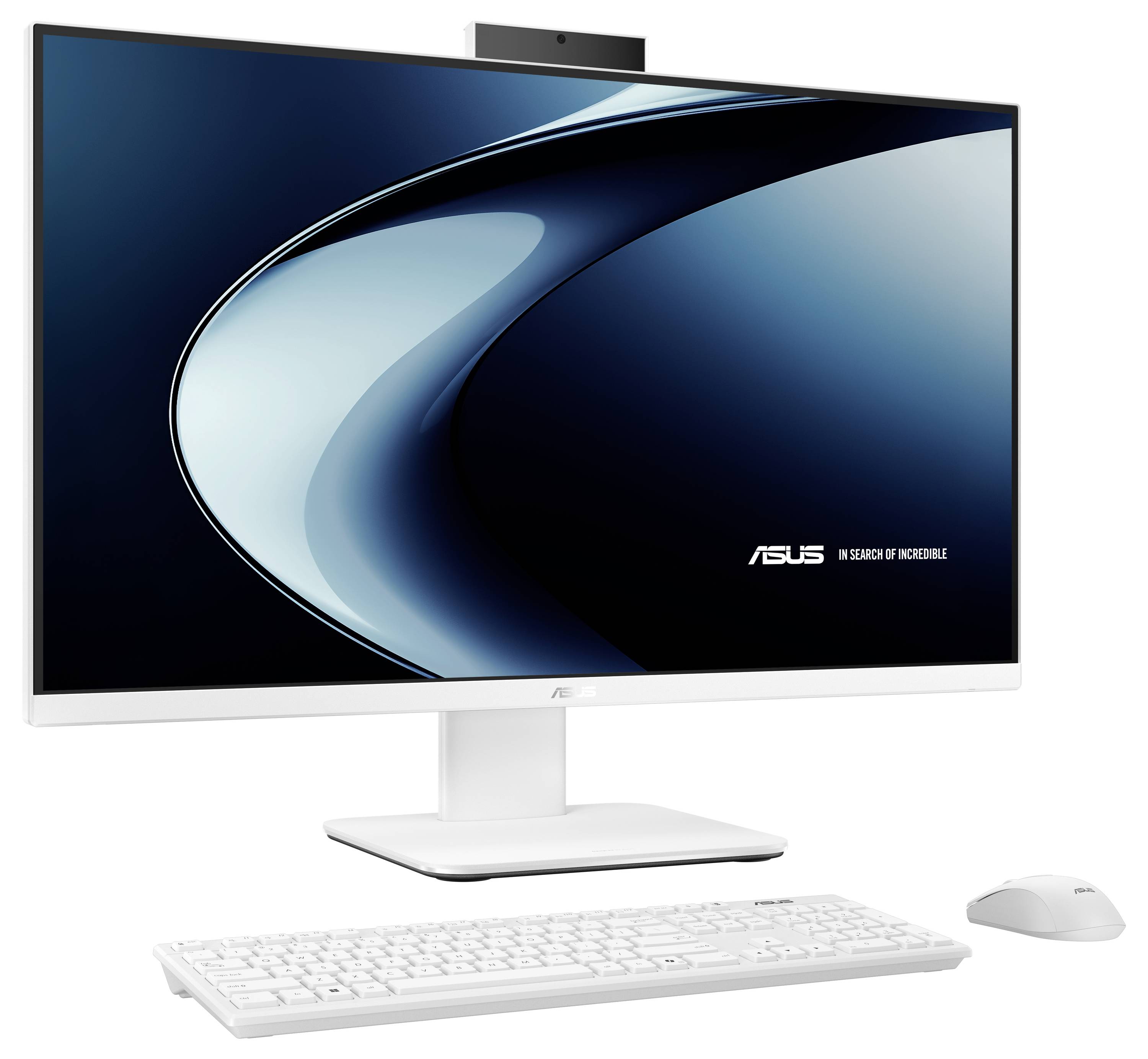 Ein weißer Asus All-in-One-Desktop-Computer mit einem Breitbildmonitor, einer Tastatur und einer Maus wird vor einem weißen Hintergrund präsentiert.