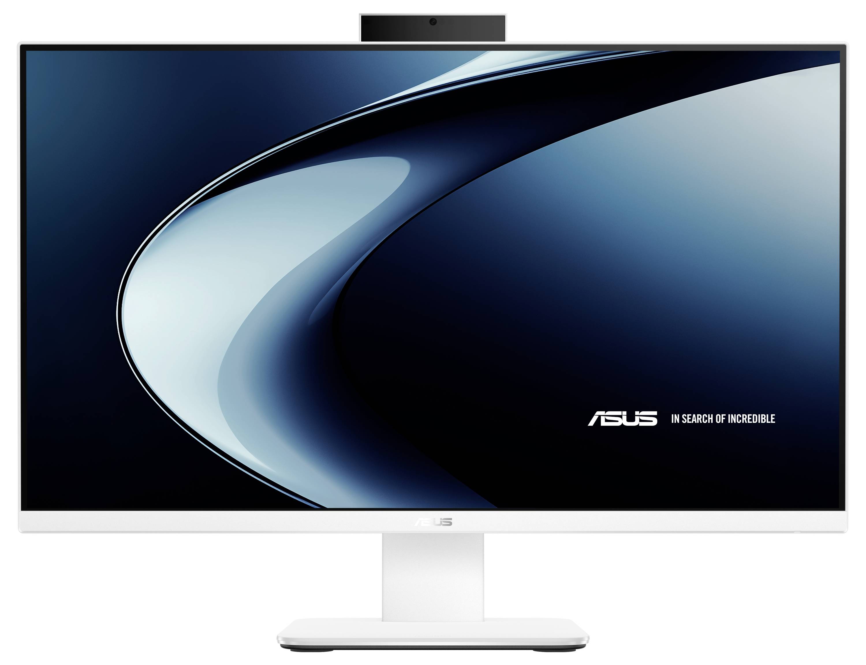 Ein schlanker ASUS-Monitor mit dünnem Rahmen und einer eleganten geschwungenen Linienführung auf dem Bildschirm. Das ASUS-Logo und der Slogan „Auf der Suche nach dem Unglaublichen