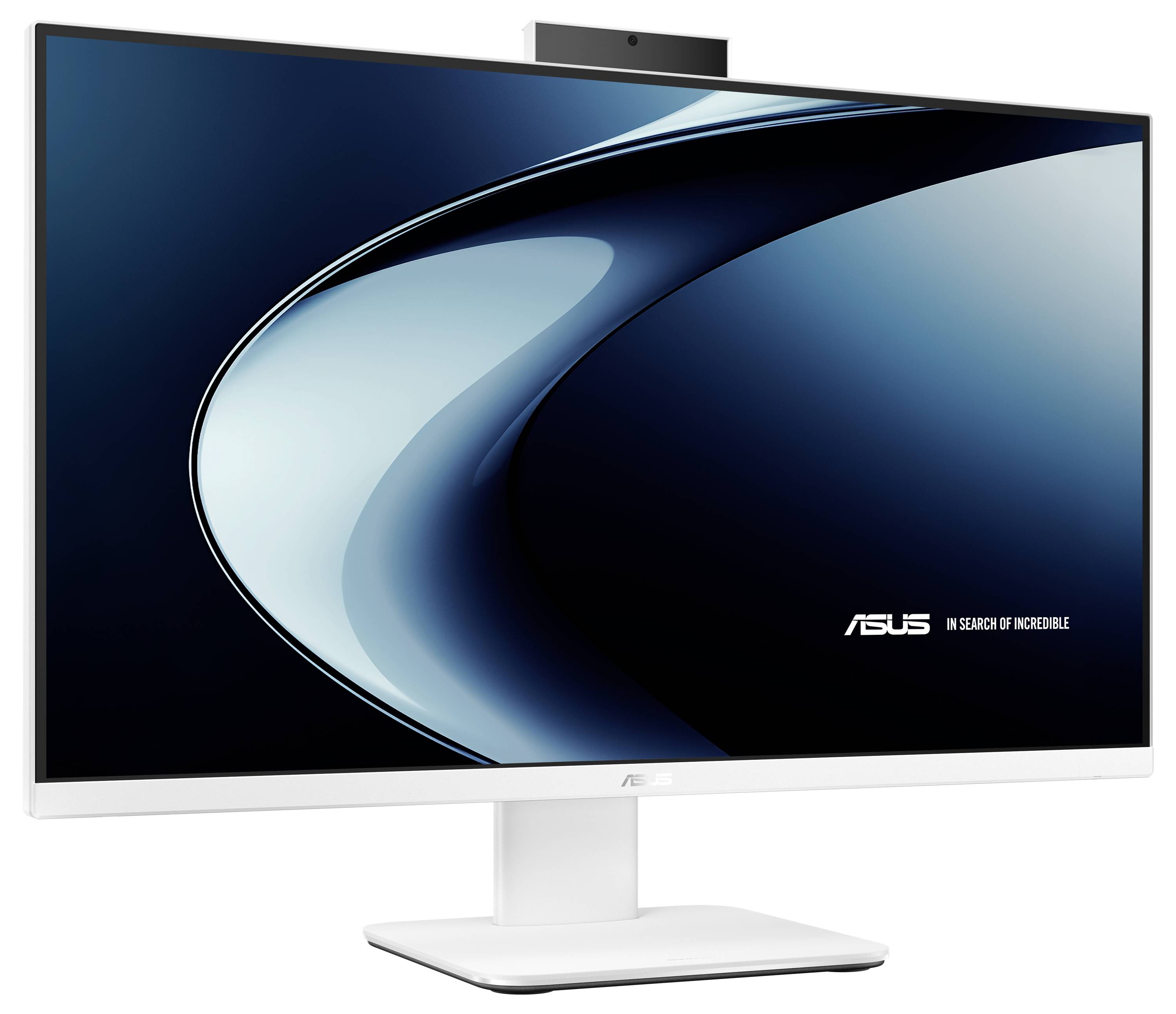 Ein Desktop-Monitor mit elegantem Design zeigt einen dunkelblau-abstrakten Hintergrund und das ASUS-Logo mit dem Slogan ‚Auf der Suche nach dem Unglaublichen'.