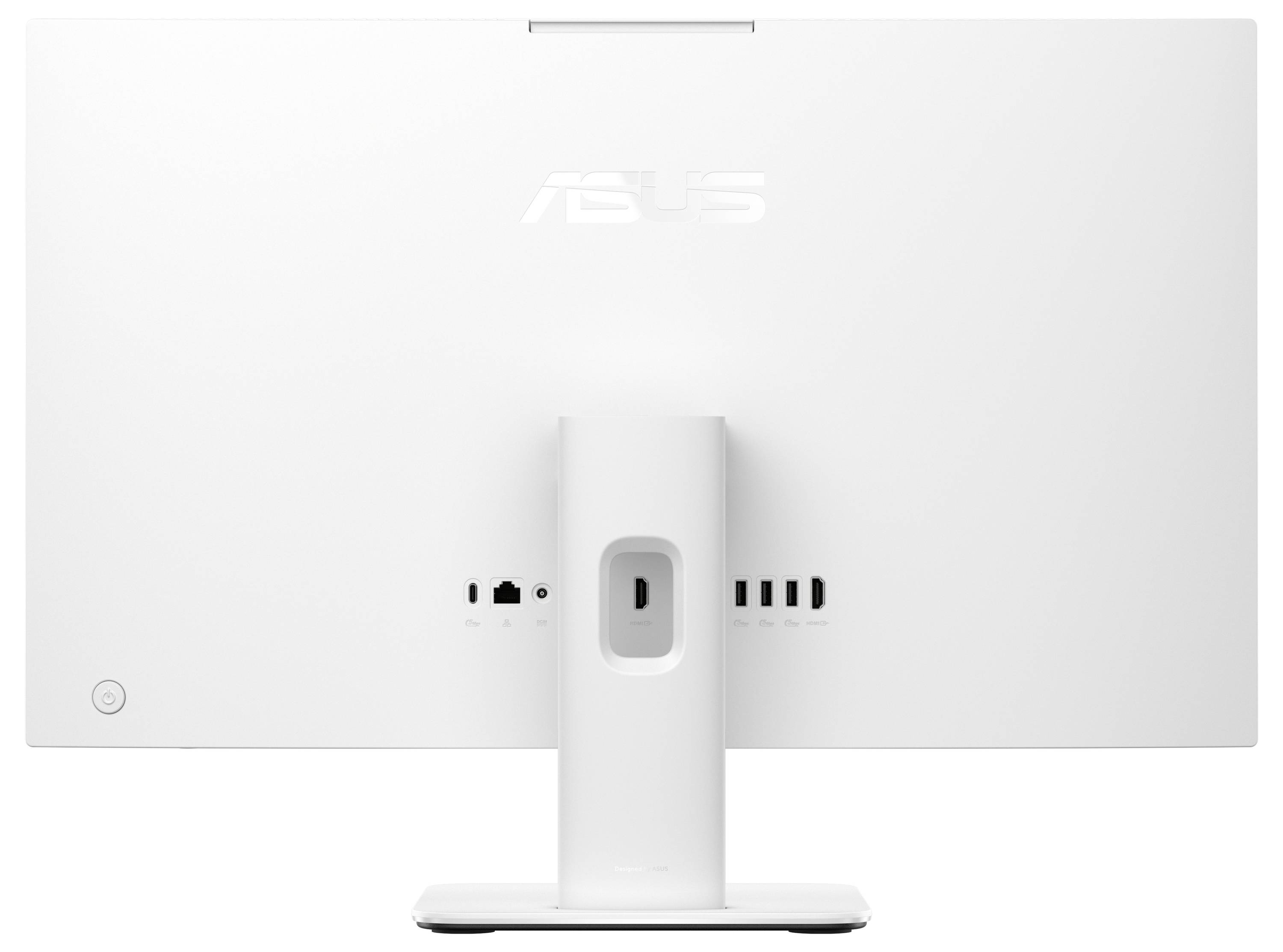 Rückansicht eines weißen Computermonitors mit verschiedenen Anschlüssen wie HDMI, USB und Stromversorgungsanschluss.