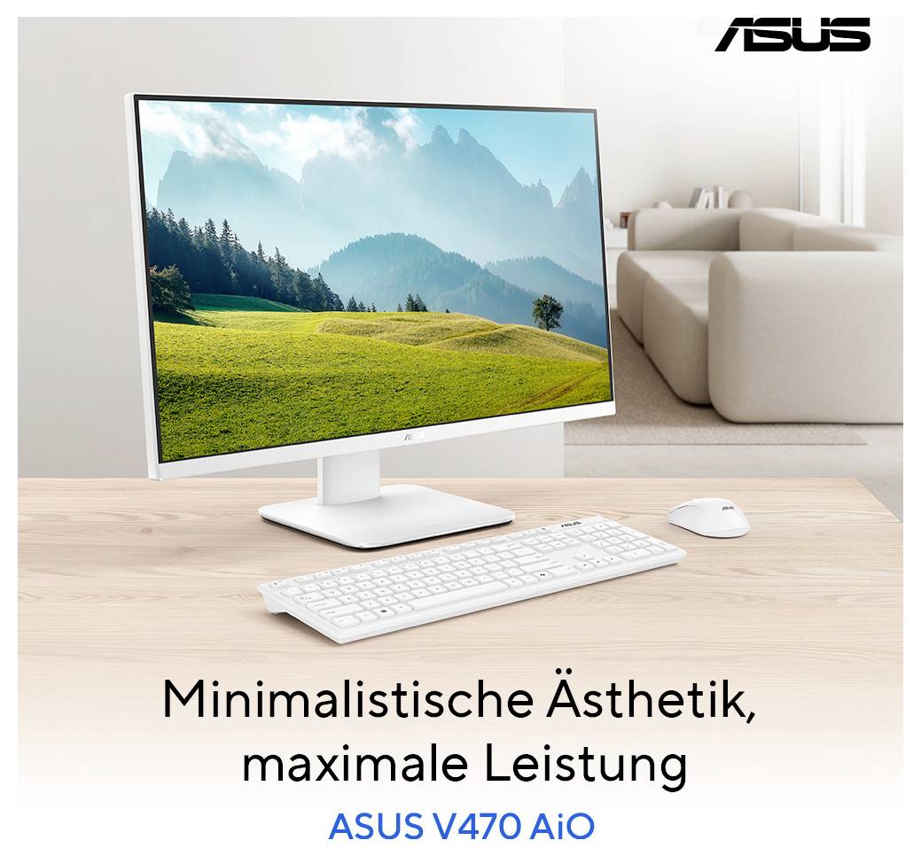 Ein Desktop-Setup mit einem Monitor, der eine malerische Landschaft zeigt, ergänzt von einer Tastatur und Maus auf einem Schreibtisch. Text lautet: 'Minimalistische Ästhetik, maximale Leistung ASUS V470 AiO'.
