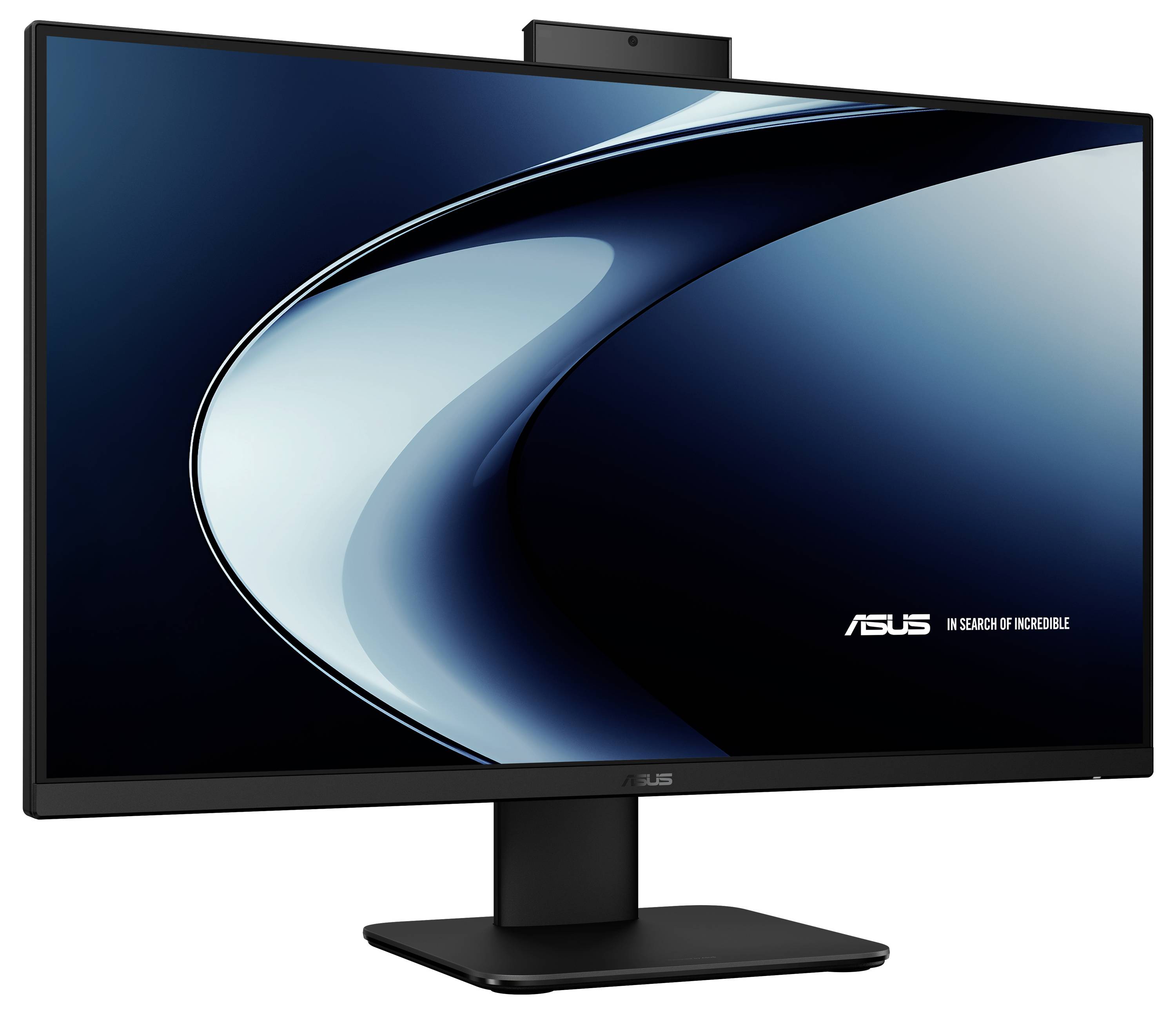 Ein schlanker Computermonitor mit einer Webcam oben und einem geschwungenen Design, auf dem das Asus-Logo und der Schriftzug 