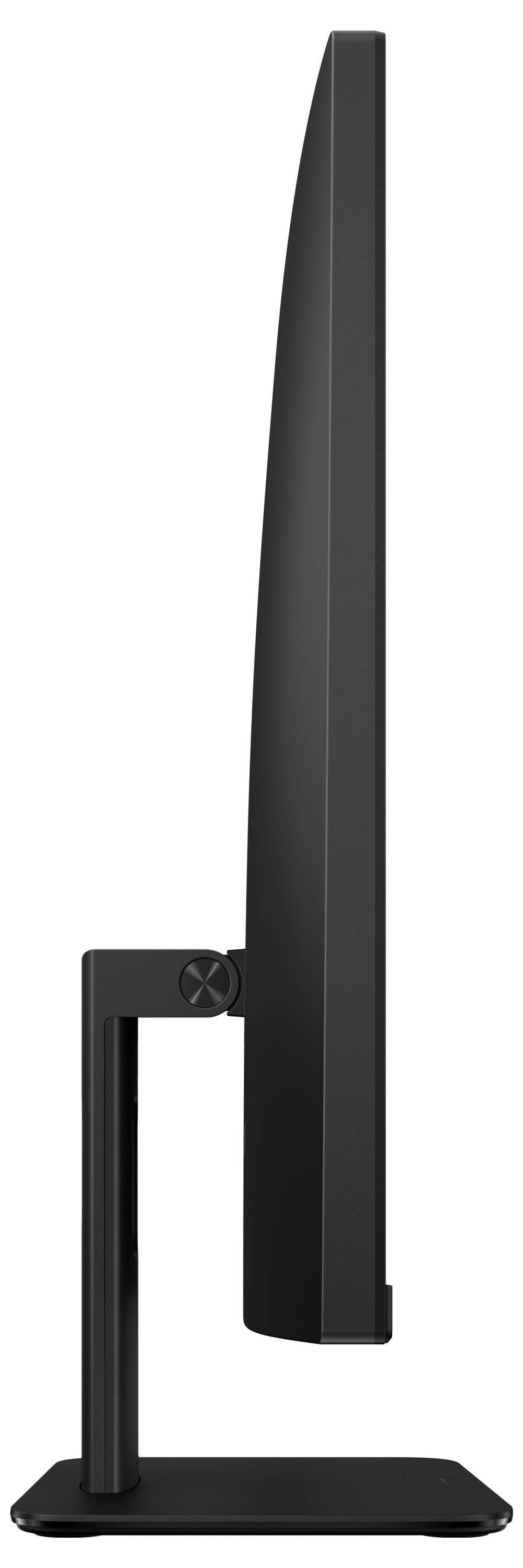 Seitenansicht eines schlanken schwarzen Computermonitors, der seine dünne Silhouette und das minimalistische Design mit einem robusten Ständer betont.