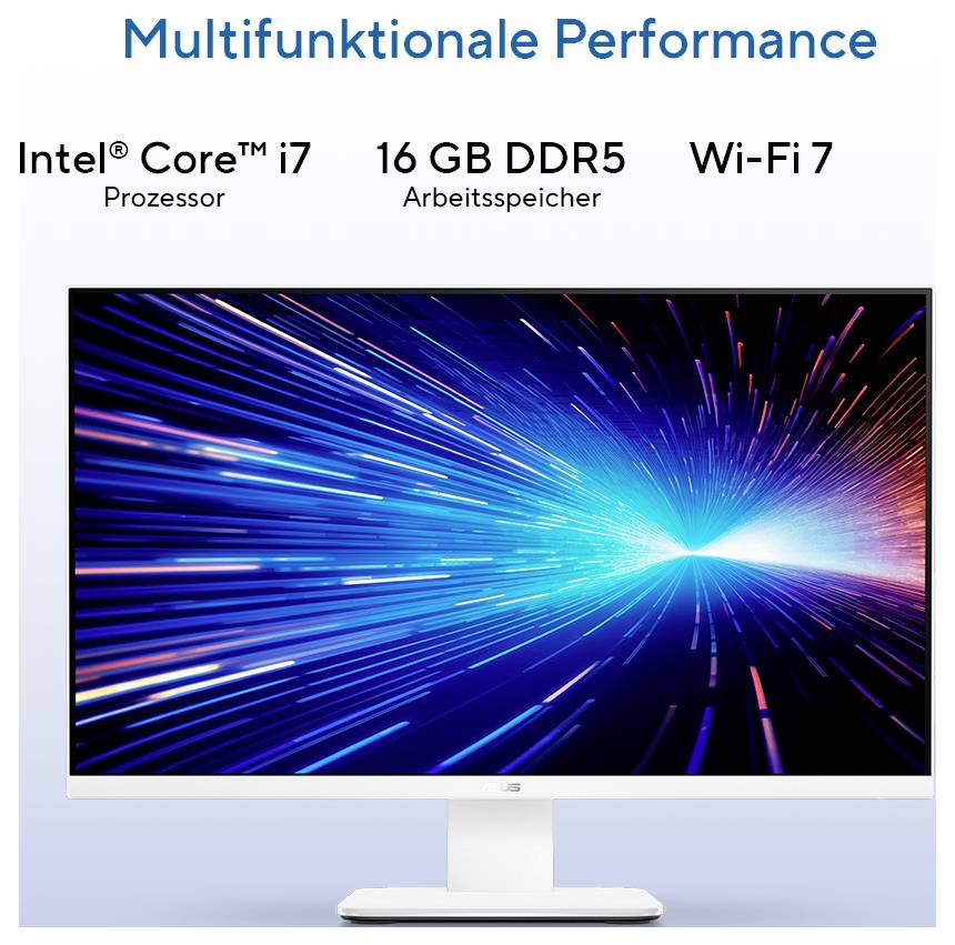 Computermonitor, der einen Lichtblitz in leuchtenden Farben zeigt. Darüber ist Text mit Merkmalen eingeblendet: 'Intel Core i7', '16 GB DDR5 RAM', 'WLAN 7'.