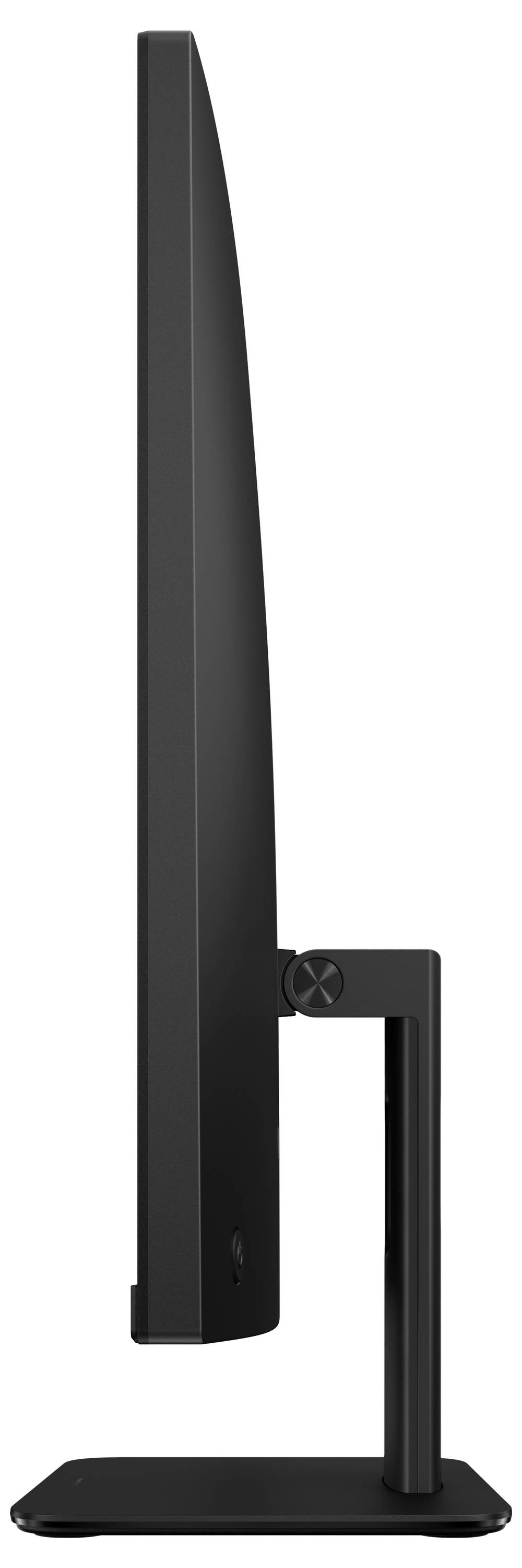 Eine Seitenansicht eines schlanken, modernen Computermonitors mit dünnem Profil und minimalistischem Ständer, der sein kompaktes Design betont.