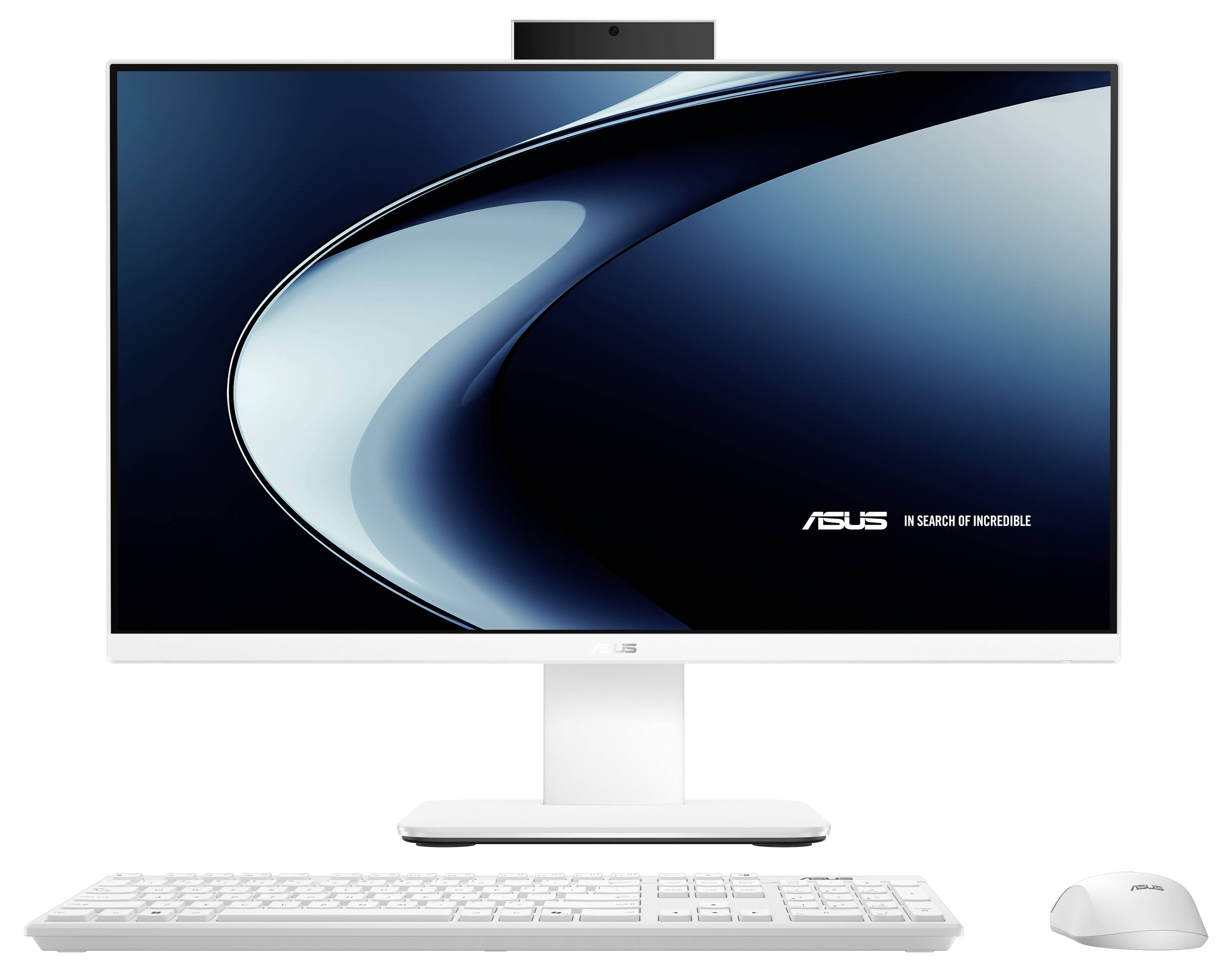 Ein schlanker, moderner Desktop-Computer mit einem großen Breitbildmonitor, weißer Tastatur und Maus. Der Bildschirm zeigt das ASUS-Logo.