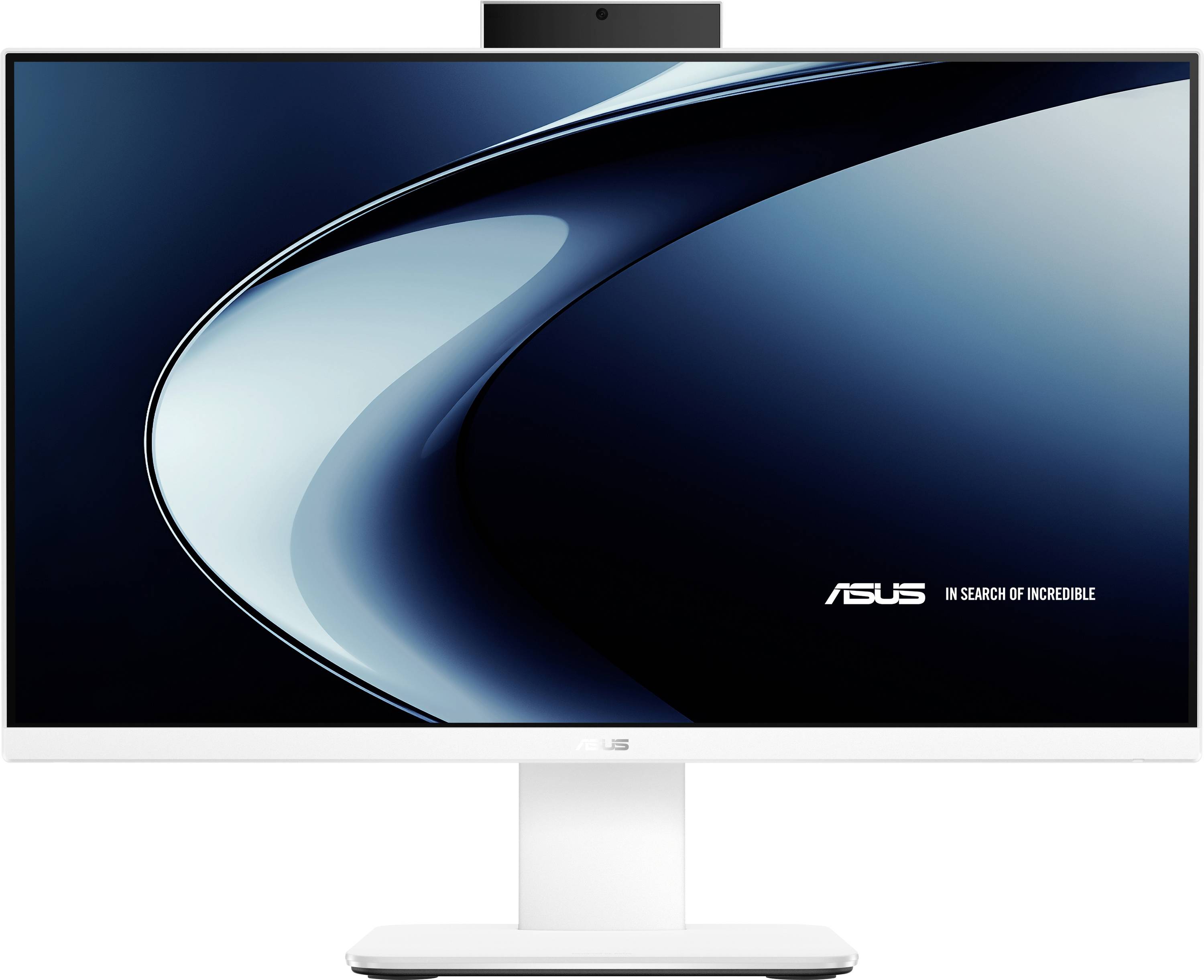 Ein Computermonitor, der das ASUS-Markenlogo auf einem schlanken, modernen Bildschirm mit einem klaren, minimalistischen Ständerdesign zeigt.