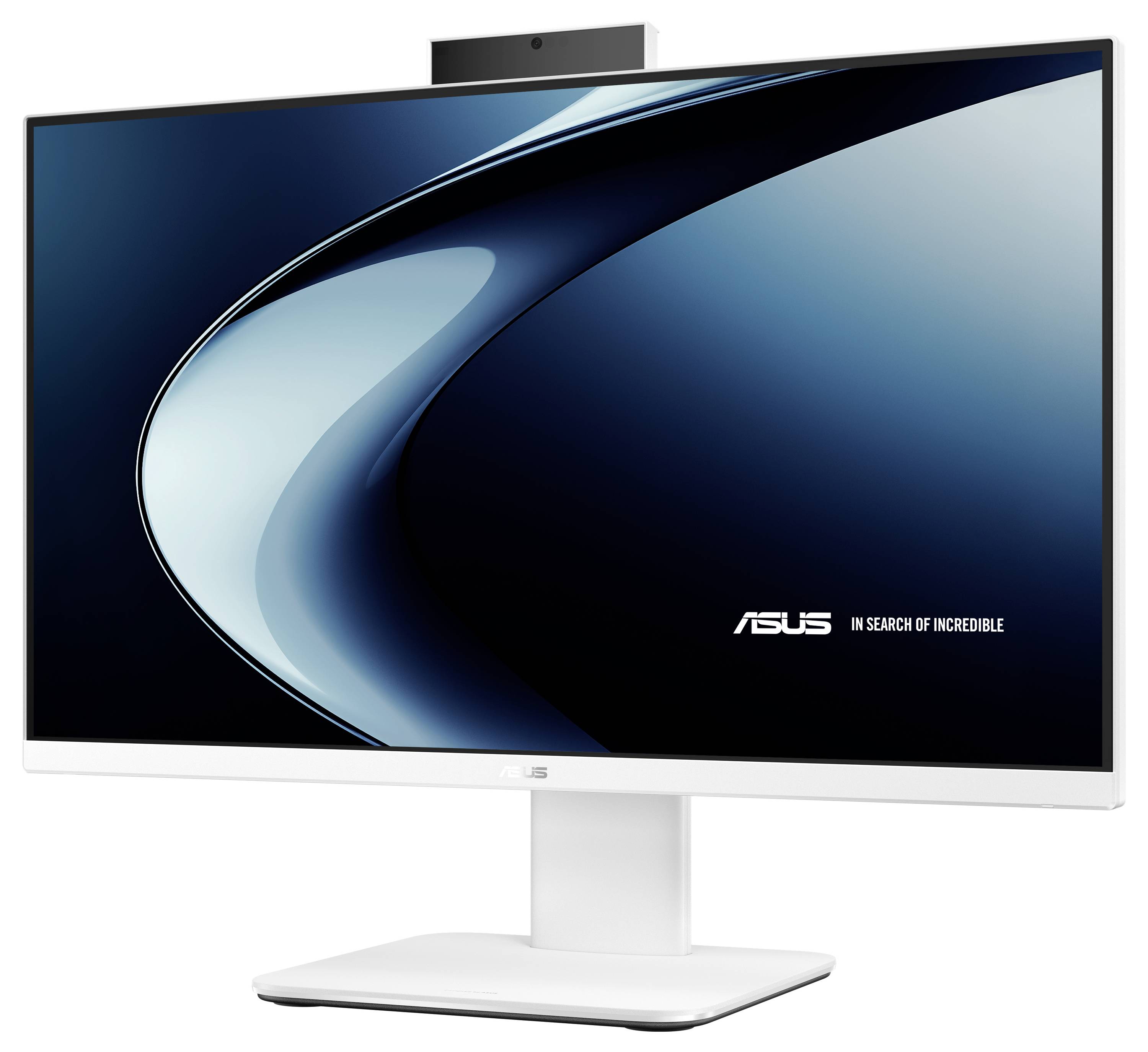 Ein weißer Desktop-Computermonitor mit elegantem Design, auf dem das 'ASUS' Logo und der Schriftzug 'Auf der Suche nach dem Unglaublichen' angezeigt werden.