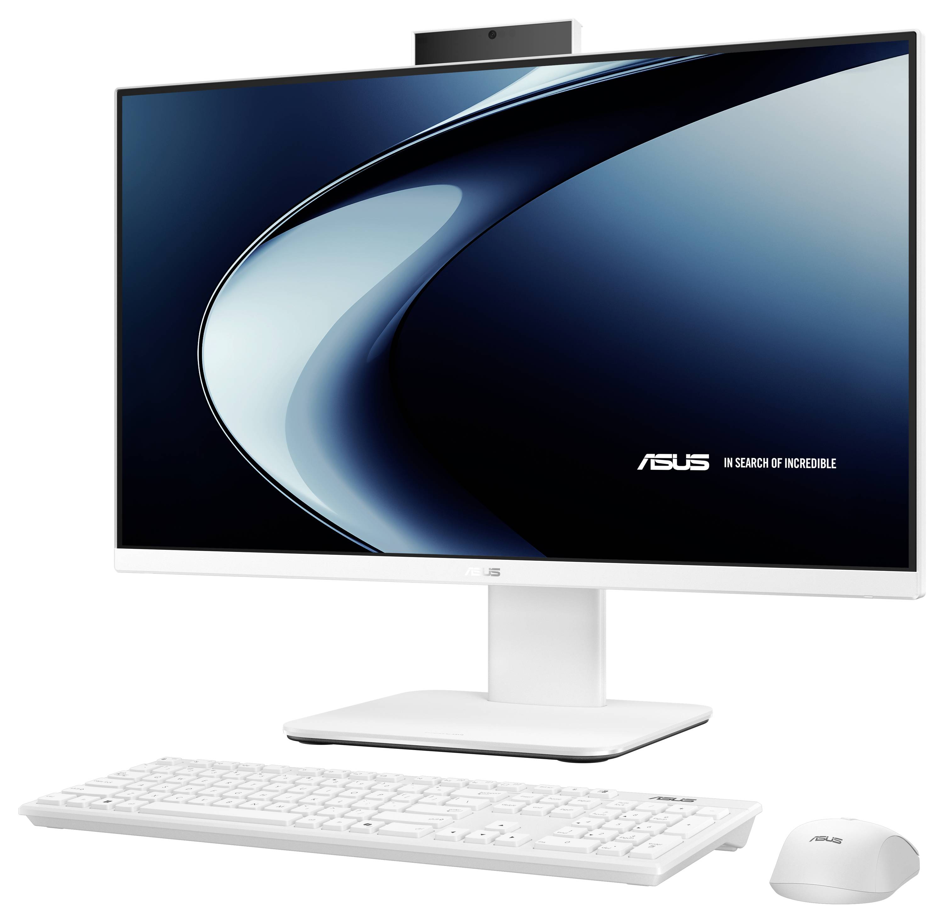 Ein schlankes weißes Computer-Setup mit einem Monitor, auf dem das ASUS-Logo und der Schriftzug „Auf der Suche nach dem Unglaublichen
