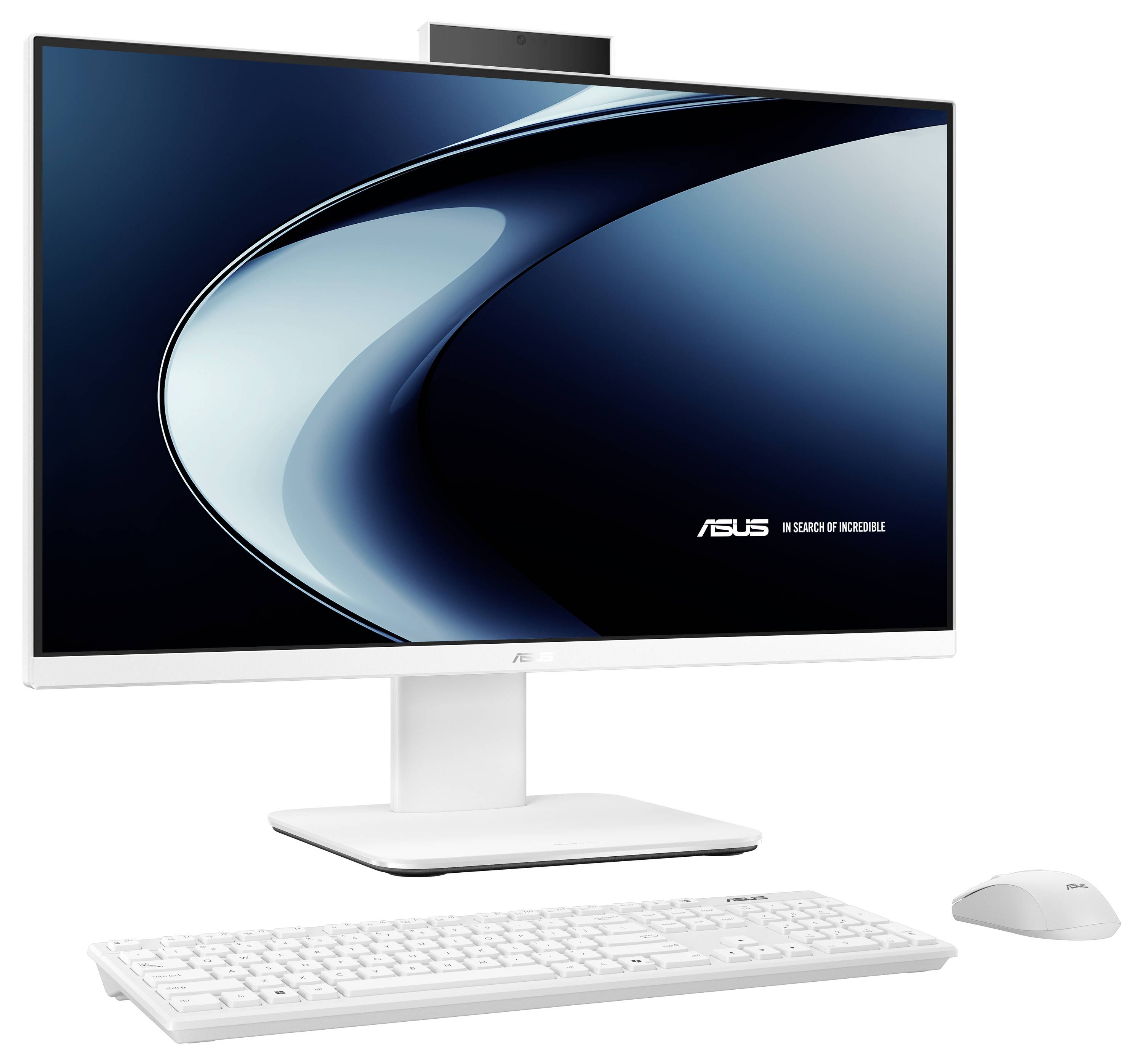 All-in-One-Computer mit weißem Monitor, Tastatur und Maus. Der Bildschirm zeigt ein abstraktes blaues und schwarzes Design mit dem 'ASUS' Logo.