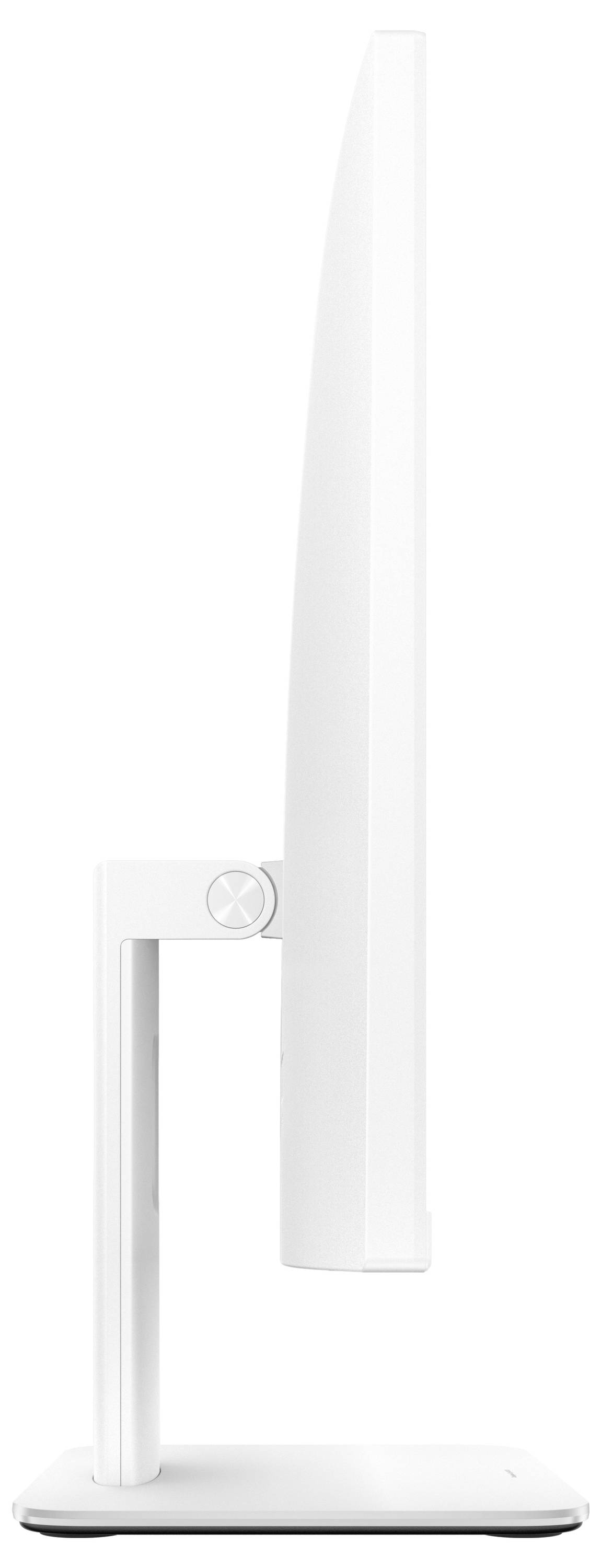 Seitenansicht eines modernen, schlanken weißen Computermonitors mit einem vertikalen Ständer, der sein elegantes Design präsentiert.