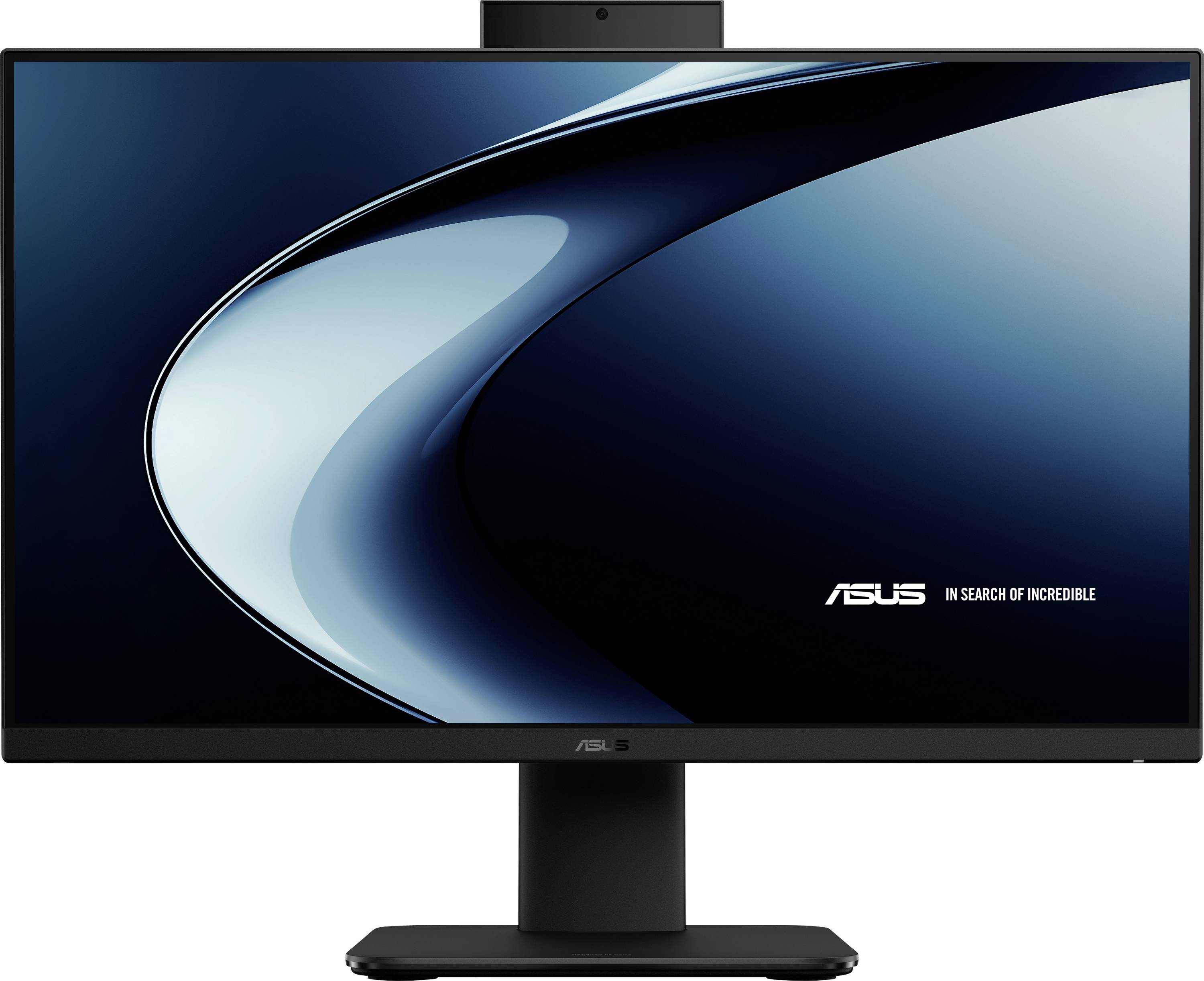 Ein schlanker Computermonitor zeigt ein dunkles, geschwungenes, abstraktes Design mit dem Slogan „ASUS Auf der Suche nach dem Unglaublichen