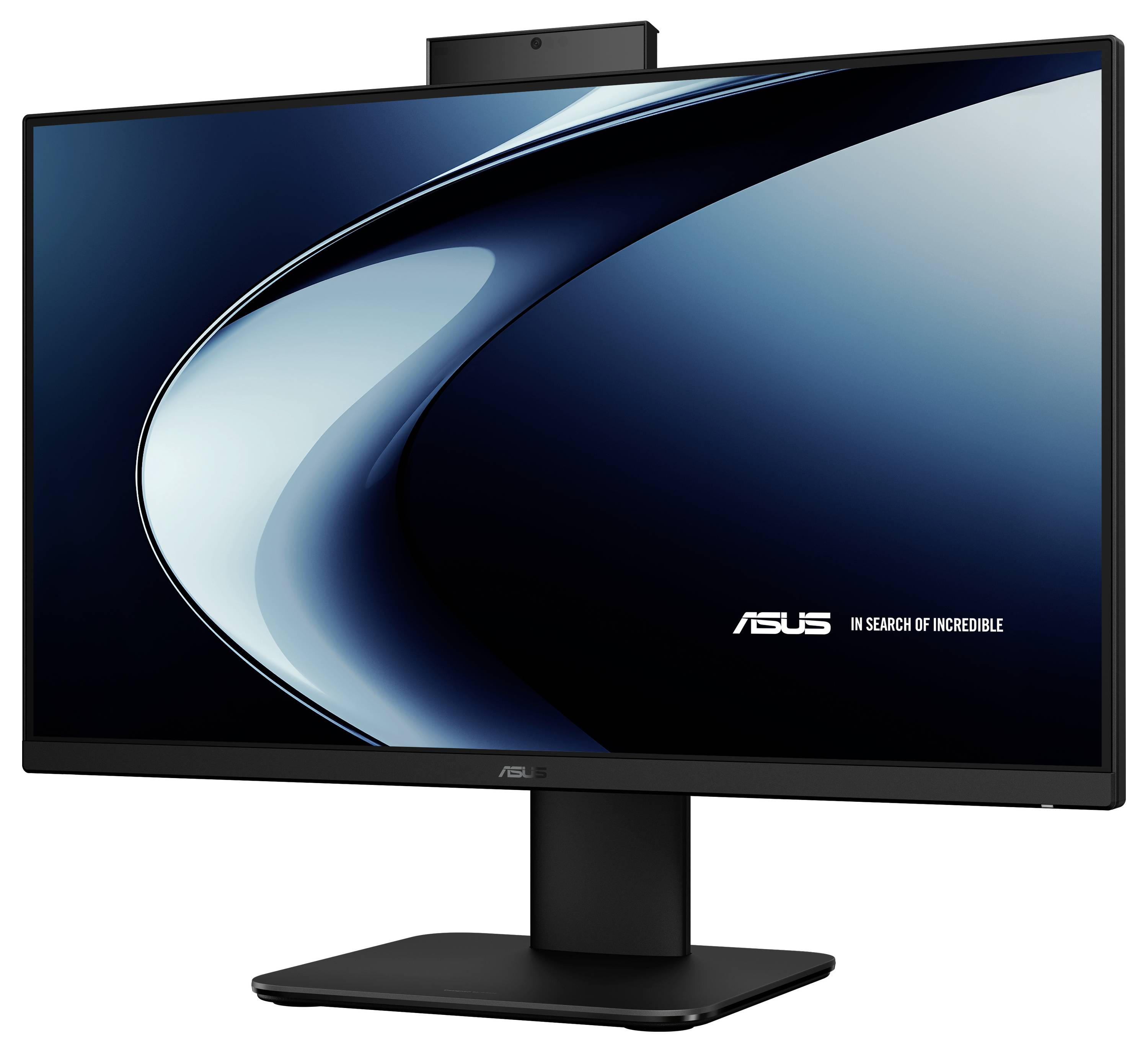 Ein schwarzer ASUS-Computermonitor, der einen blau-weißen abstrakten Wirbel zeigt, mit dem Text 