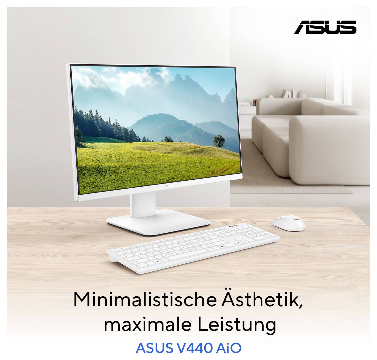 Ein schlanker Desktop-Computer mit einem großen Monitor, der eine malerische Landschaft zeigt. Text liest sich: 'Minimalistische Ästhetik, maximale Leistung – ASUS V440 AiO'. Eine moderne, minimalistische Wohnumgebung.