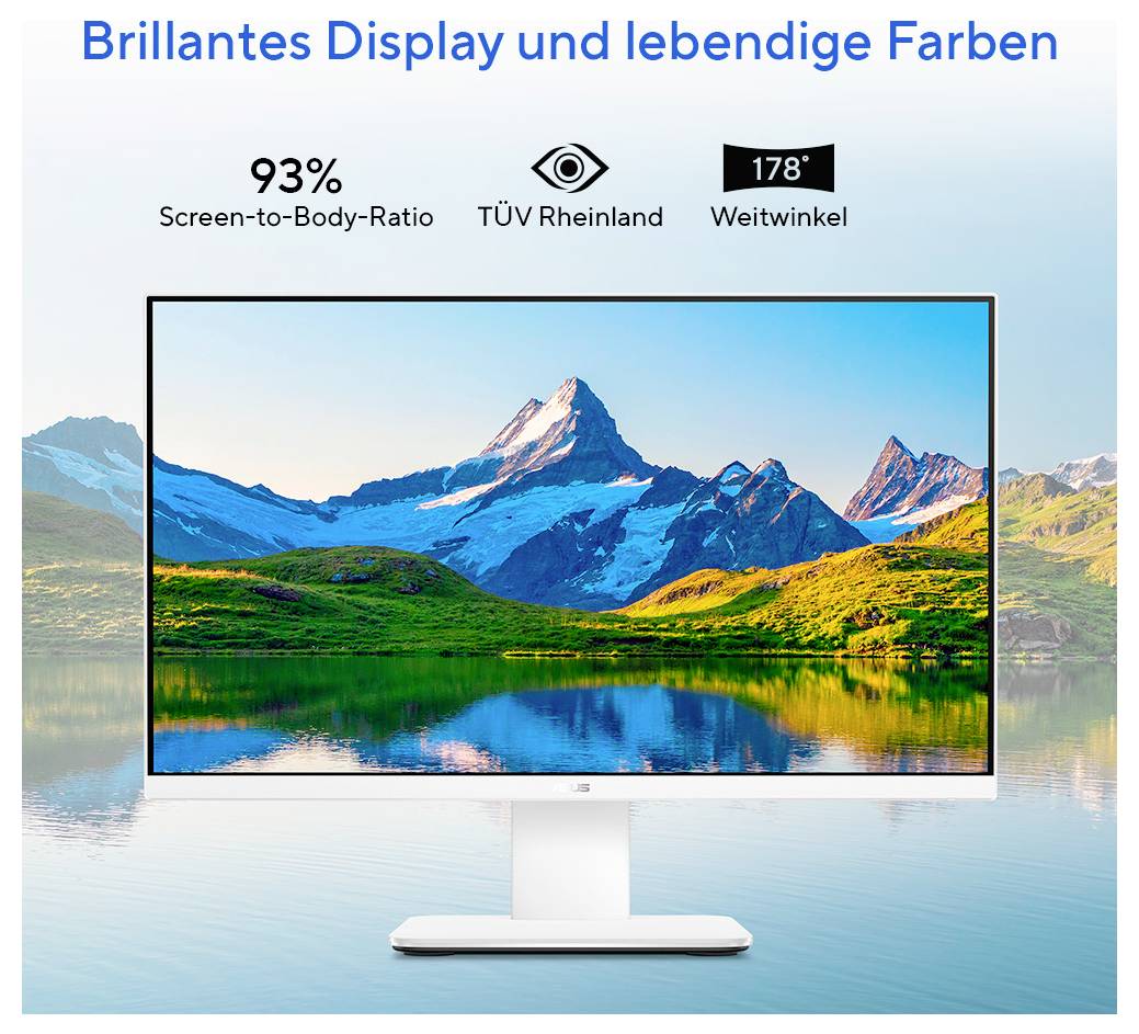 Ein Monitor mit schmalen Blenden zeigt eine leuchtende Berglandschaft. Text oben besagt „Brillantes Display und lebendige Farben