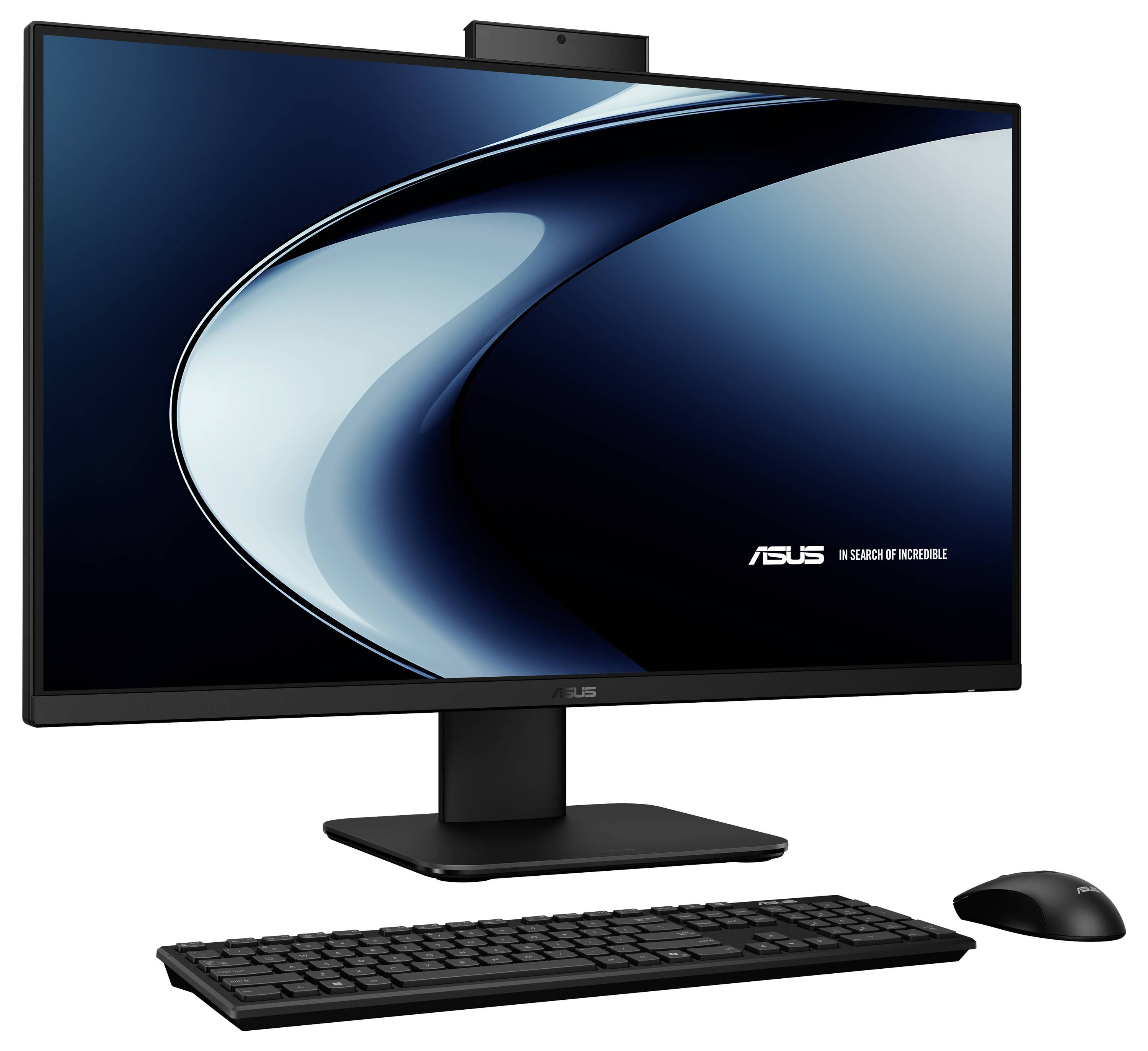 Ein Desktop-Computer mit einem großen Monitor, auf dem das Asus-Logo angezeigt wird, schwarzer Tastatur und Maus. Geeignet für Büro oder Heimgebrauch.