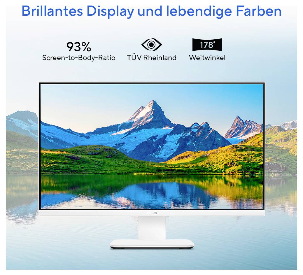 Ein Monitor zeigt eine lebendige Landschaft mit Bergen und Seen. Text lautet: 'Brillante Darstellung und leuchtende Farben, 93% Bildschirm-zu-Gehäuse-Verhältnis, TÜV Rheinland, 178° Blickwinkel'.