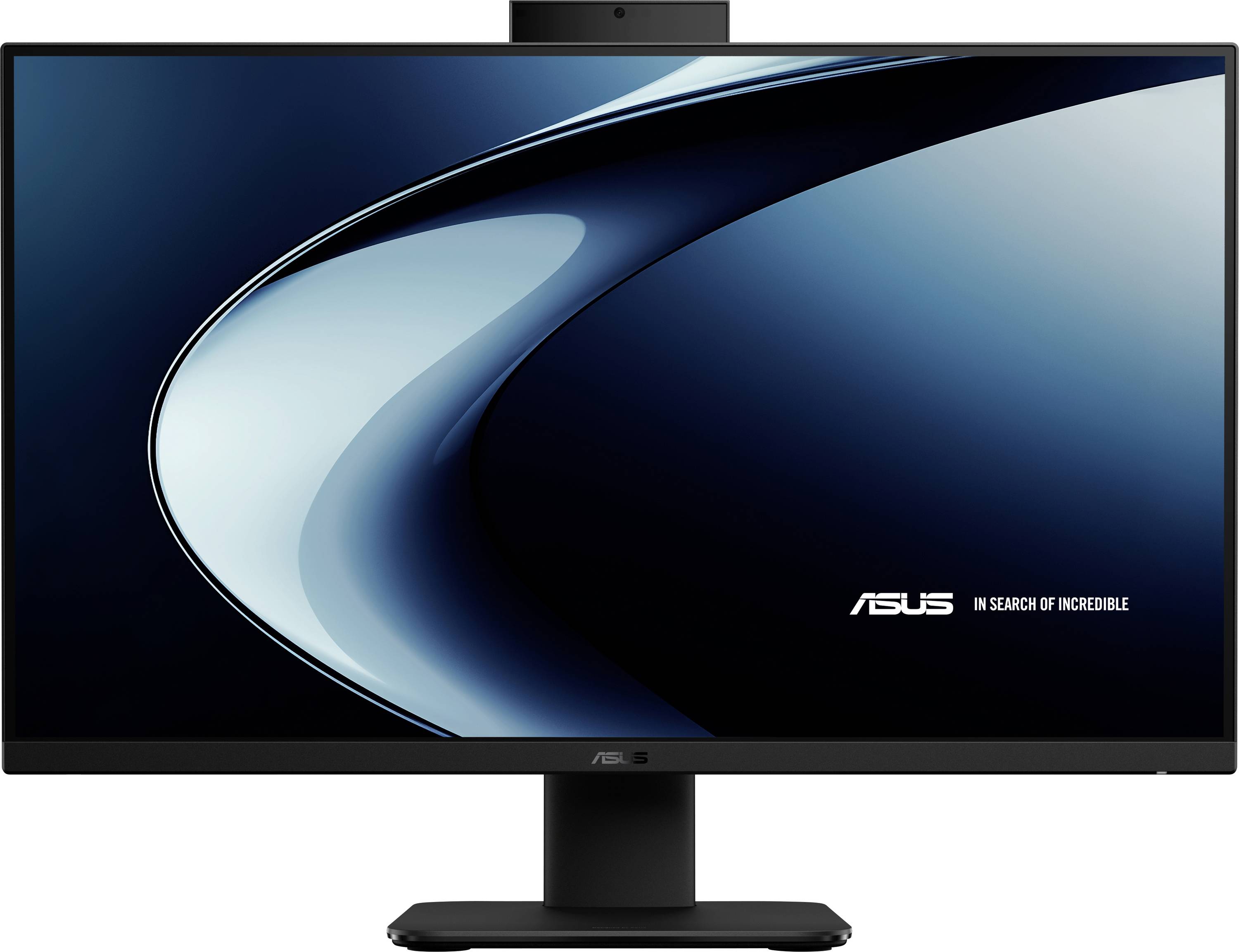Ein Monitor, der eine elegante, geschwungene Linie auf dem Bildschirm zeigt, mit dem Text „ASUS Auf der Suche nach dem Unglaublichen
