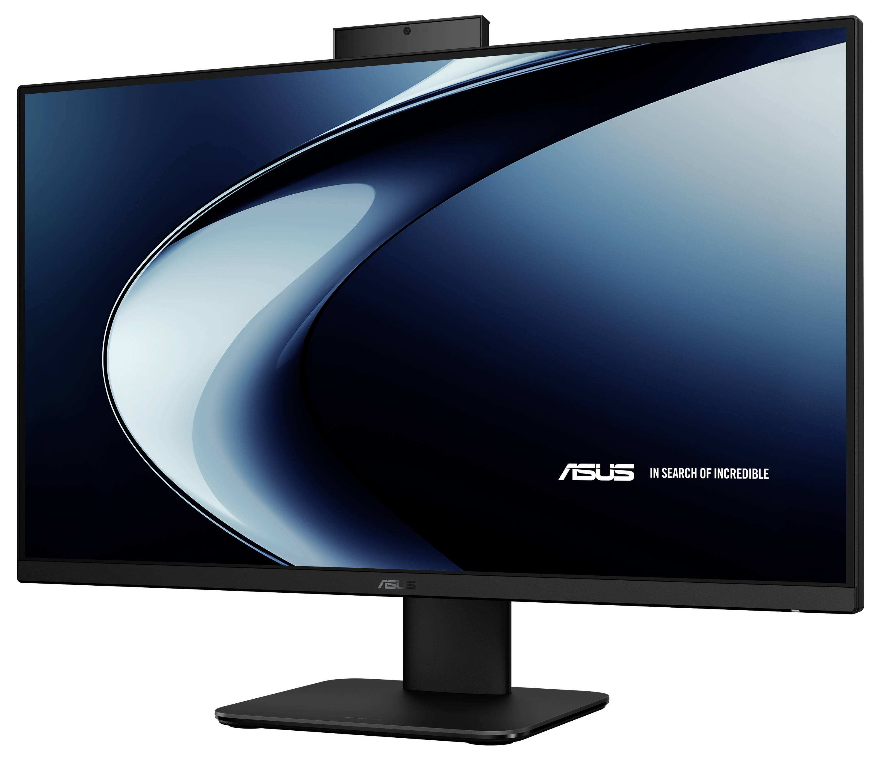 Ein Widescreen-ASUS-Monitor mit einem schlanken, minimalistischen Design auf einem Ständer, der das ASUS-Logo und den Slogan 