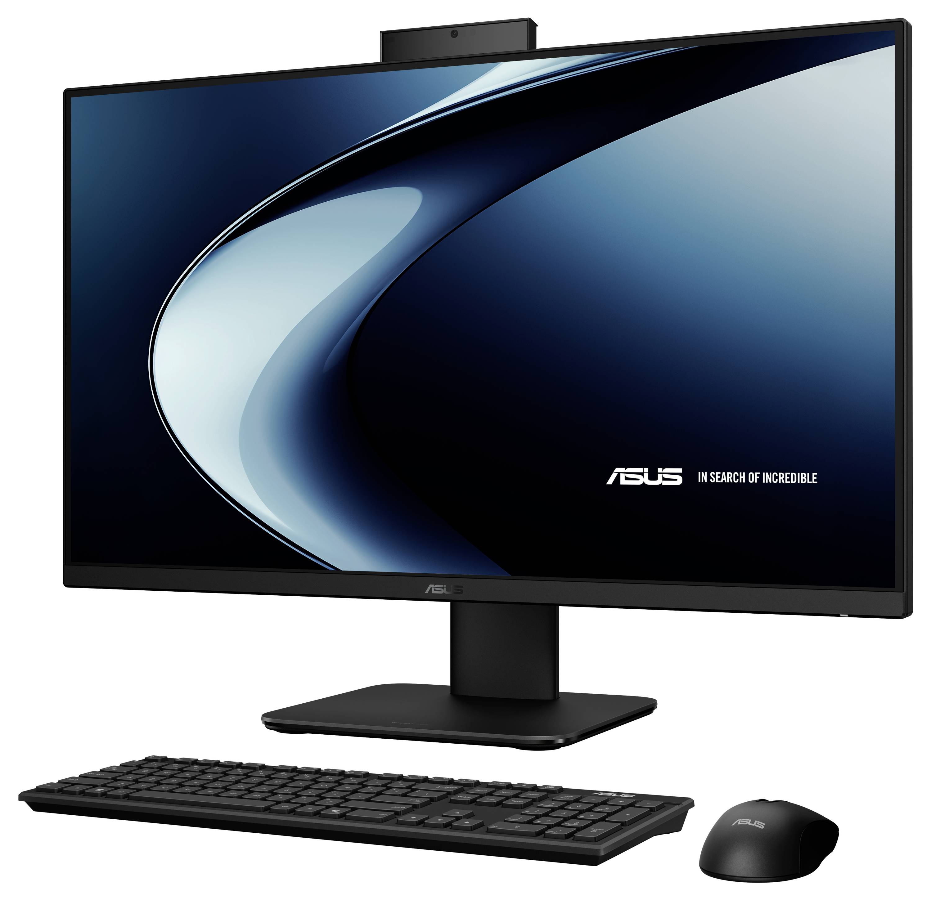 Ein großer Monitor mit einem gebogenen Ständer zeigt das ASUS-Logo und eine Grafikdesign. Eine Tastatur und eine Maus sind davor platziert.