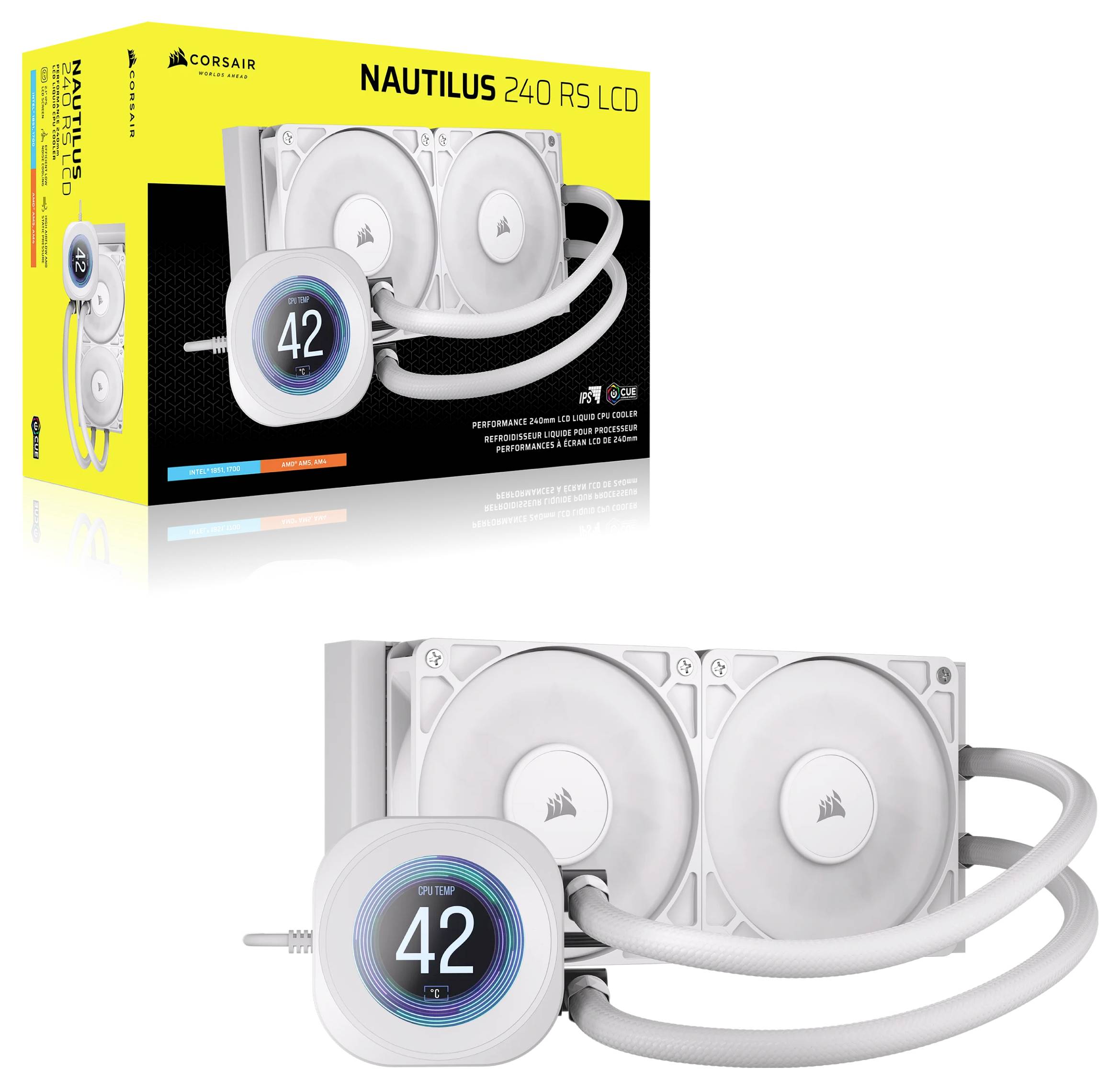 Corsair Nautilus 240 RS LCD Kühlsystem, präsentiert mit Verpackung. Ausgestattet mit zwei Kühlventilatoren und einem digitalen Display, das '42' zeigt.