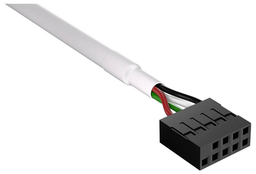 Ein schwarzer rechteckiger Neun-Pin-Anschluss mit roten, schwarzen und grünen Kabeln, die aus einem weißen Kabel herausragen.