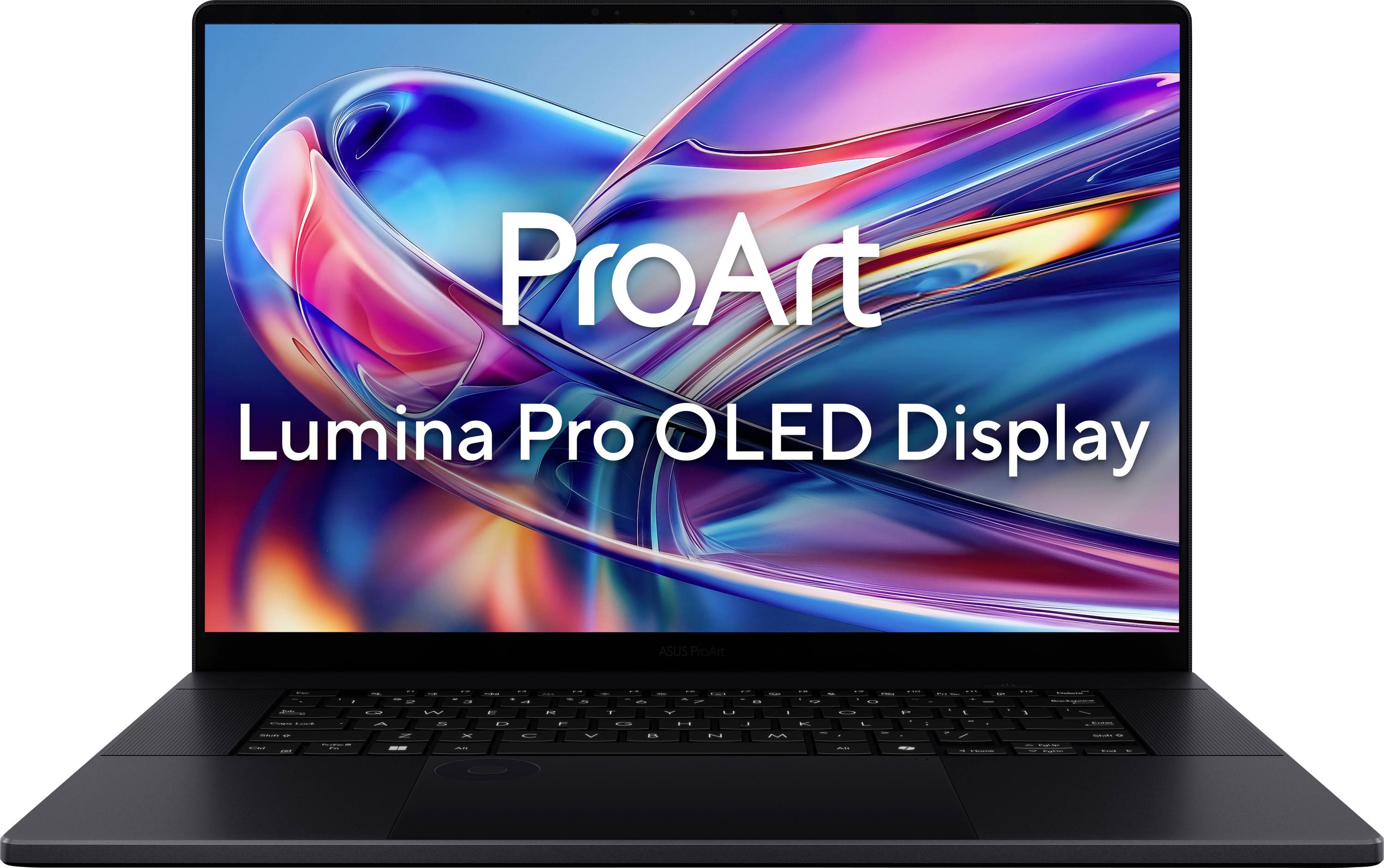 Ein Laptop-Bildschirm, der lebendige abstrakte Kunst zeigt, mit dem Text 