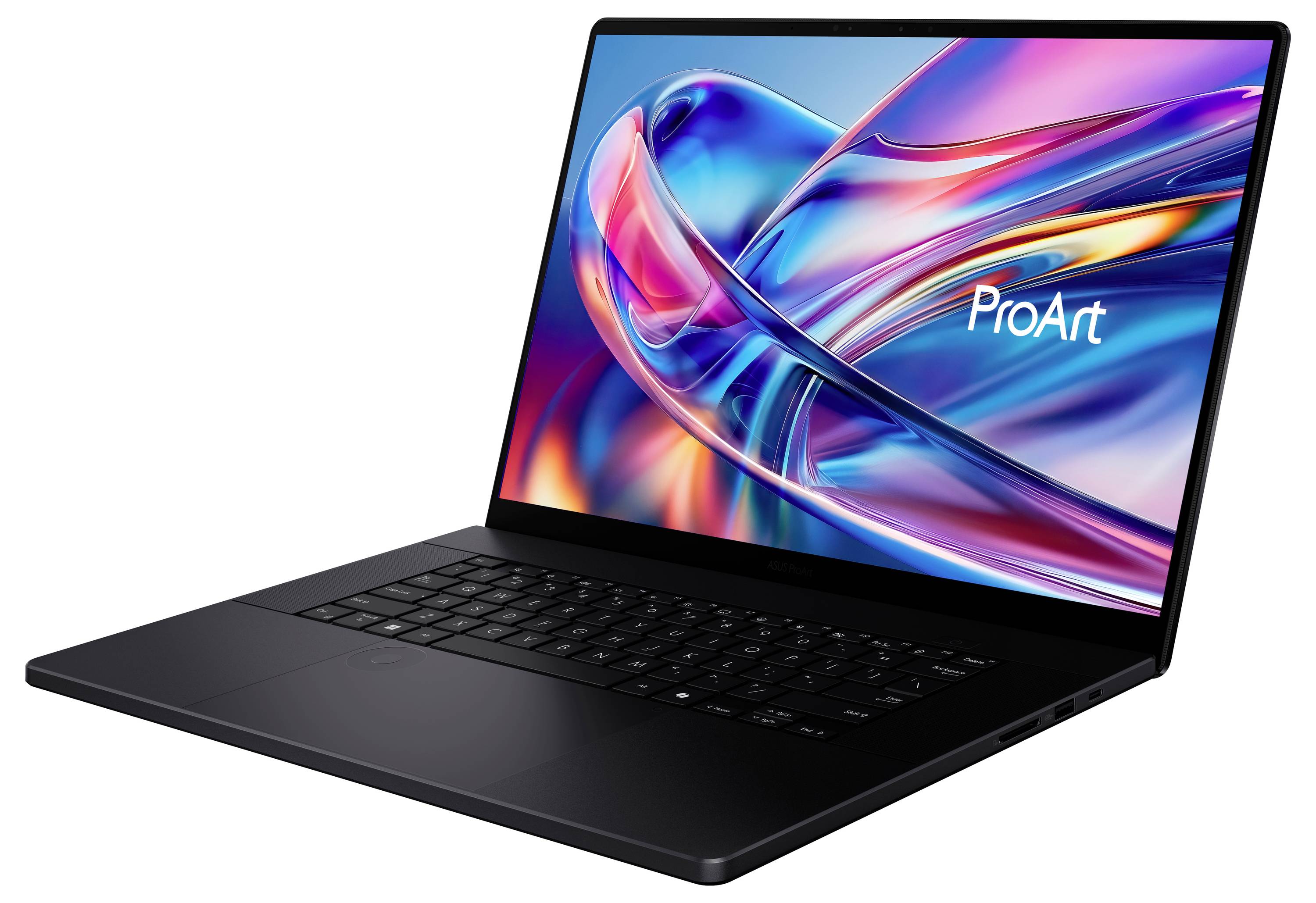 Ein schlanker, offener Laptop mit einem leuchtenden Display, das abstrakte digitale Kunst und das Wort 