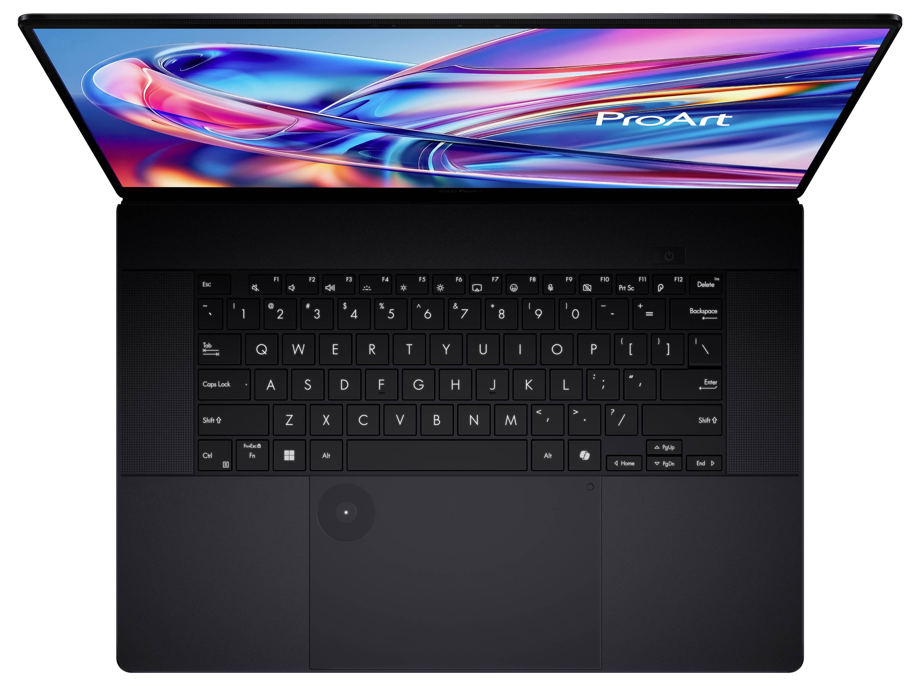 Ein schlanker, geöffneter Laptop mit einem lebendigen Bildschirm, der abstrakte Farben und das Wort 