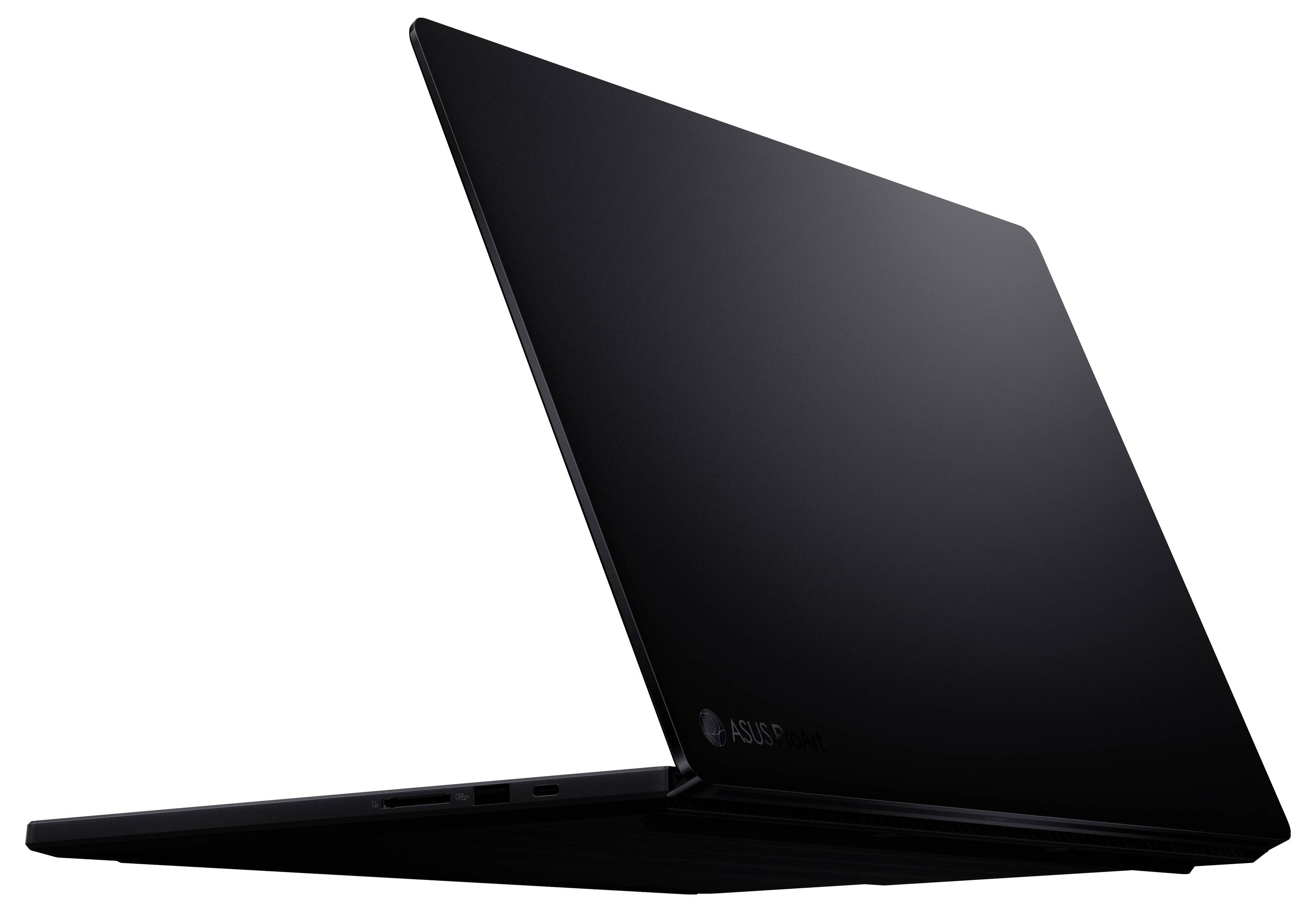 Ein schlankes schwarzes Laptop, halb geöffnet, das sein dünnes Design und minimalistische Ästhetik zur Schau stellt, auf einer schlichten Oberfläche platziert.