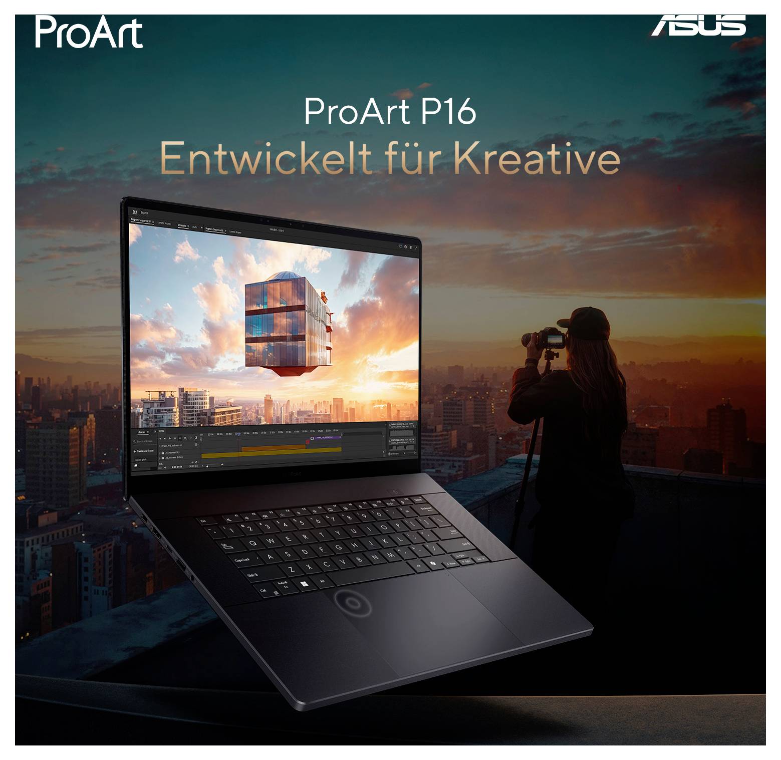 Ein Laptop, der 3D-Grafiken auf dem Bildschirm zeigt, mit einem Fotografen, der eine Stadtsilhouette während des Sonnenuntergangs aufnimmt. Text: 'ProArt P16 Entwickelt für Kreative'