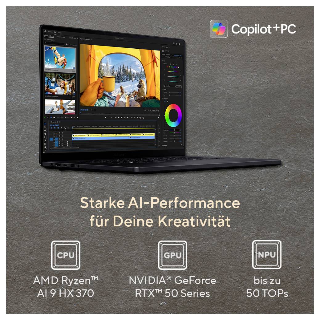 Ein Laptop zeigt eine Videobearbeitungssoftware-Oberfläche; Text liest sich „Starke AI-Performance für Deine Kreativität
