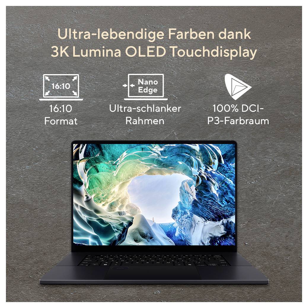 Ein schlankes Laptop mit einem extrem brillanten 3K Lumina OLED-Display, 16:10 Format, nano-schmalen Bildschirmrändern und 100% DCI-P3 Farbraum.