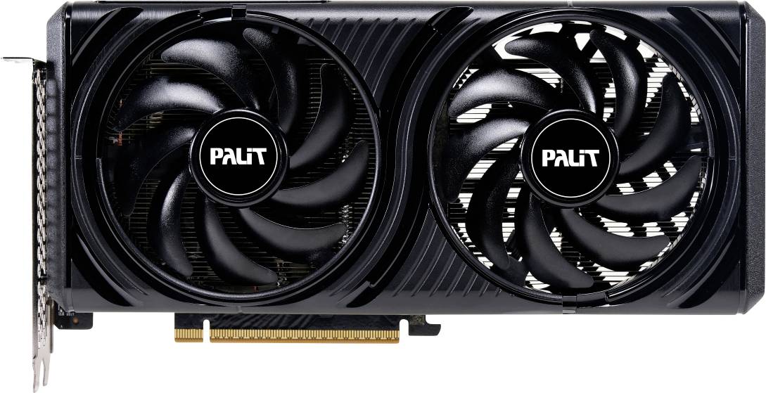 Eine schwarze Palit-Grafikkarte mit Doppellüftern zur Kühlung, entwickelt für High-Performance-Computing und Gaming.