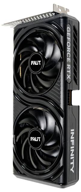 Eine schwarze Palit GeForce RTX Grafikkarte mit zwei großen Kühlventilatoren und dem Wort 'Infinity', das an der Seite gedruckt ist.