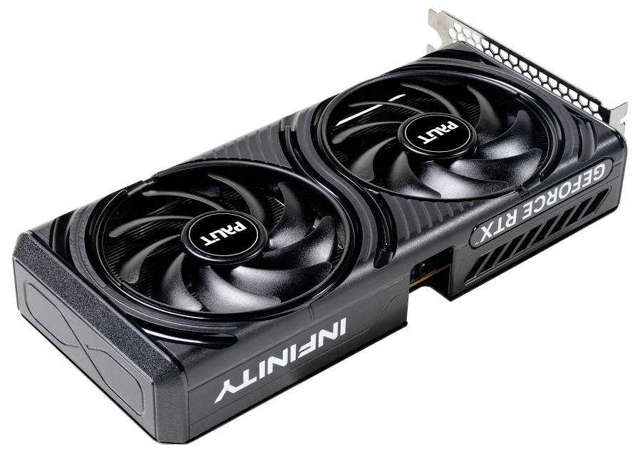 Eine Grafikkarte mit der Bezeichnung 'GeForce RTX' mit Doppellüftern und elegantem schwarzem Design, die Hochleistung und fortschrittliche Kühlungstechnologie betont.