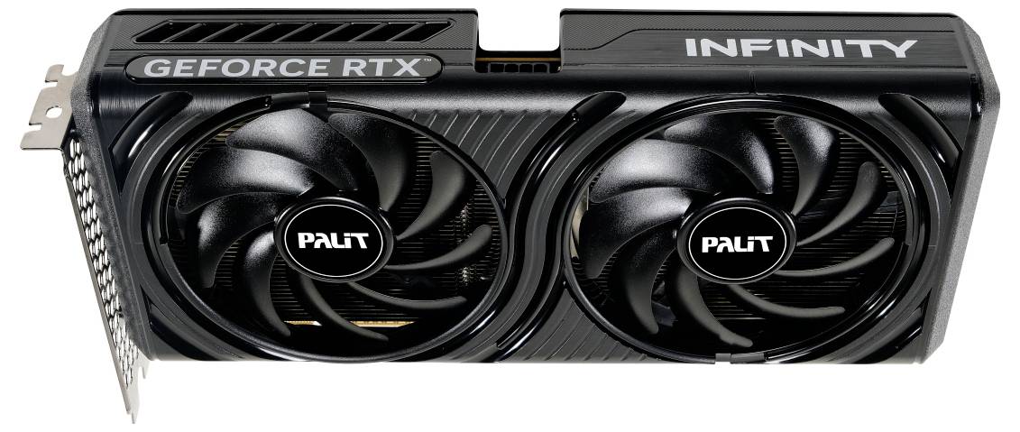Eine schwarze Grafikkarte mit zwei Kühlventilatoren, mit den Beschriftungen 'GEFORCE RTX' und 'PALIT', entwickelt für Gaming und High-Performance-Computing.