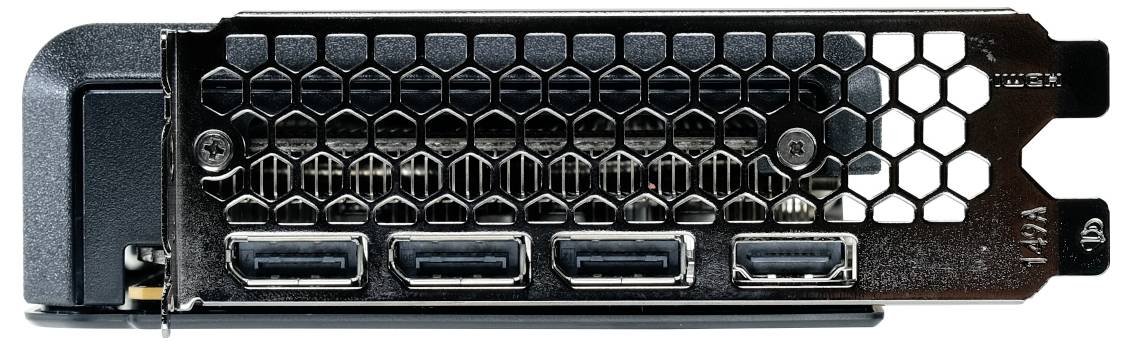Eine Grafikkarte mit vier HDMI-Anschlüssen, entwickelt zum Anschluss mehrerer Displays, mit einer Wabenbelüftungsblende auf der Rückseite.