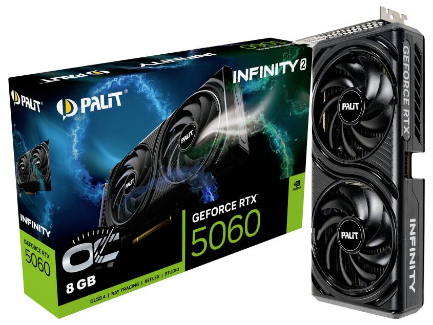 Eine Palit GeForce RTX 5060 Grafikkarte und ihre Verpackung, mit Dual-Lüftern, 8 GB Arbeitsspeicher und der 'Infinity 2' Markierung mit einem lebhaften Design.