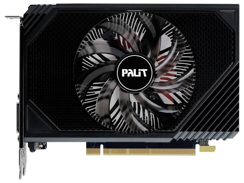 Eine schwarze Palit-Grafikkarte mit Markenlüfter in der Mitte, entwickelt für PCs.