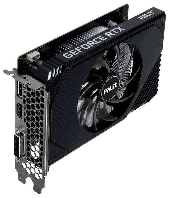 Eine Grafikkarte mit der Bezeichnung 'Palit GeForce RTX' mit sichtbarem Lüfter, HDMI- und DisplayPort-Anschlüssen, die zur Verbesserung der Grafikleistung eines Computers verwendet wird.