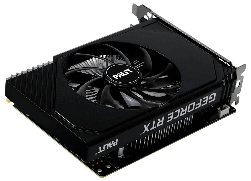 Eine schwarze Palit GeForce RTX Grafikkarte mit einem einzelnen Lüfter, die ihr kompaktes Design und Branding präsentiert.