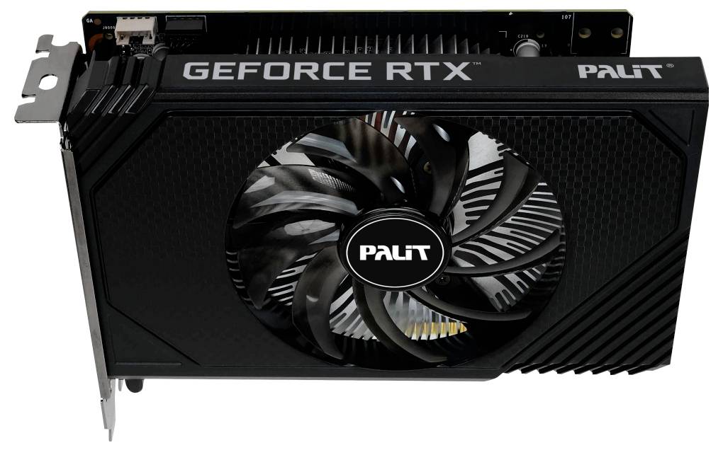 Eine schwarze Palit GeForce RTX Grafikkarte mit einem großen zentralen Lüfter und freiliegenden Schaltkreisanschlüssen.