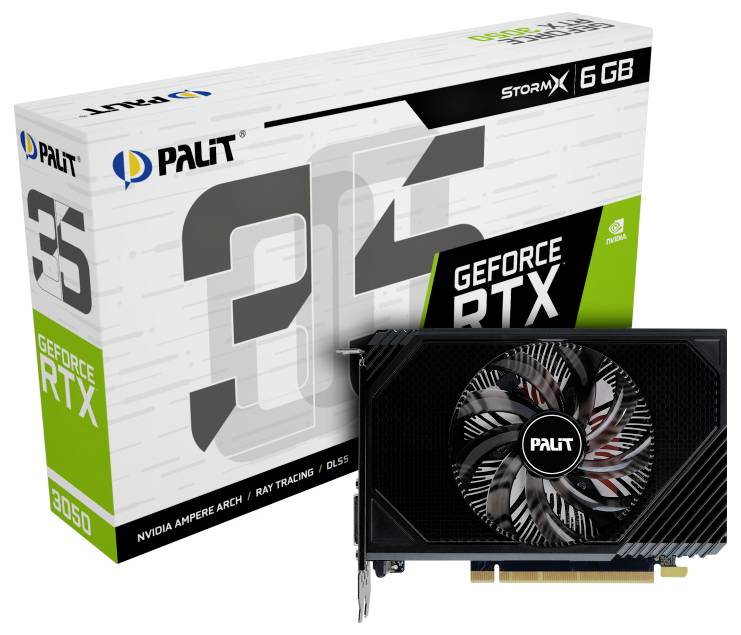 Palit GeForce RTX 3050 StormX Grafikkarte mit Kühlventilator, präsentiert in der Einzelhandelsverpackung mit 6 GB Arbeitsspeicher und Ray-Tracing-Technologie.