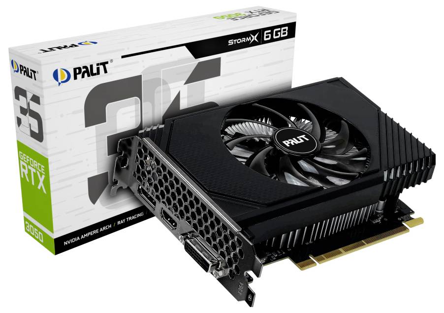 Eine schwarze Palit GeForce RTX 3060 Grafikkarte mit einem großen Lüfter, die vor ihrer Verpackung präsentiert wird. Die Verpackung zeigt '6 GB' und '3050'.